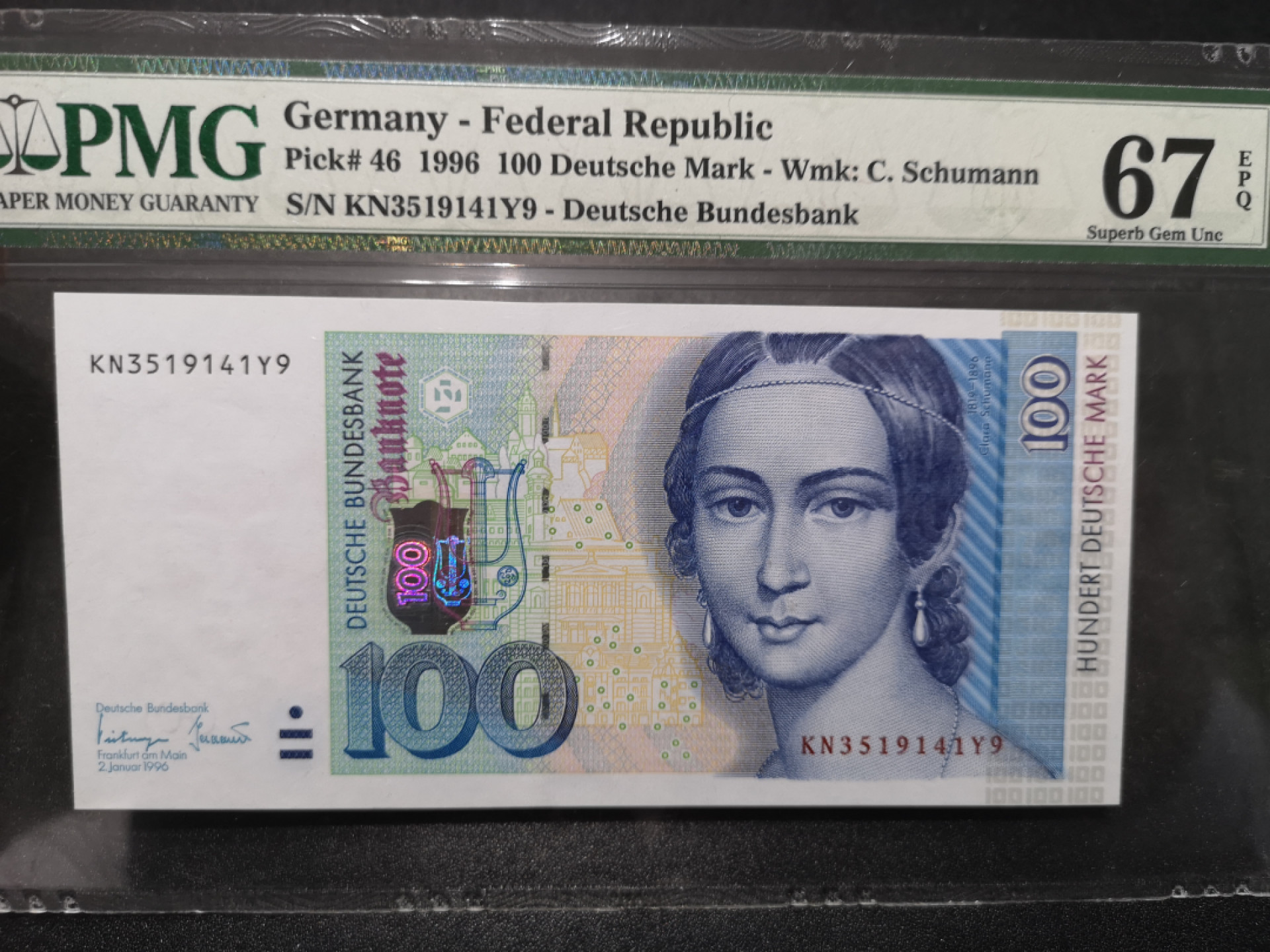《外钞收藏家》第一百五十八期拍卖（本期111件） 1996年德国末版100马克 PMG67