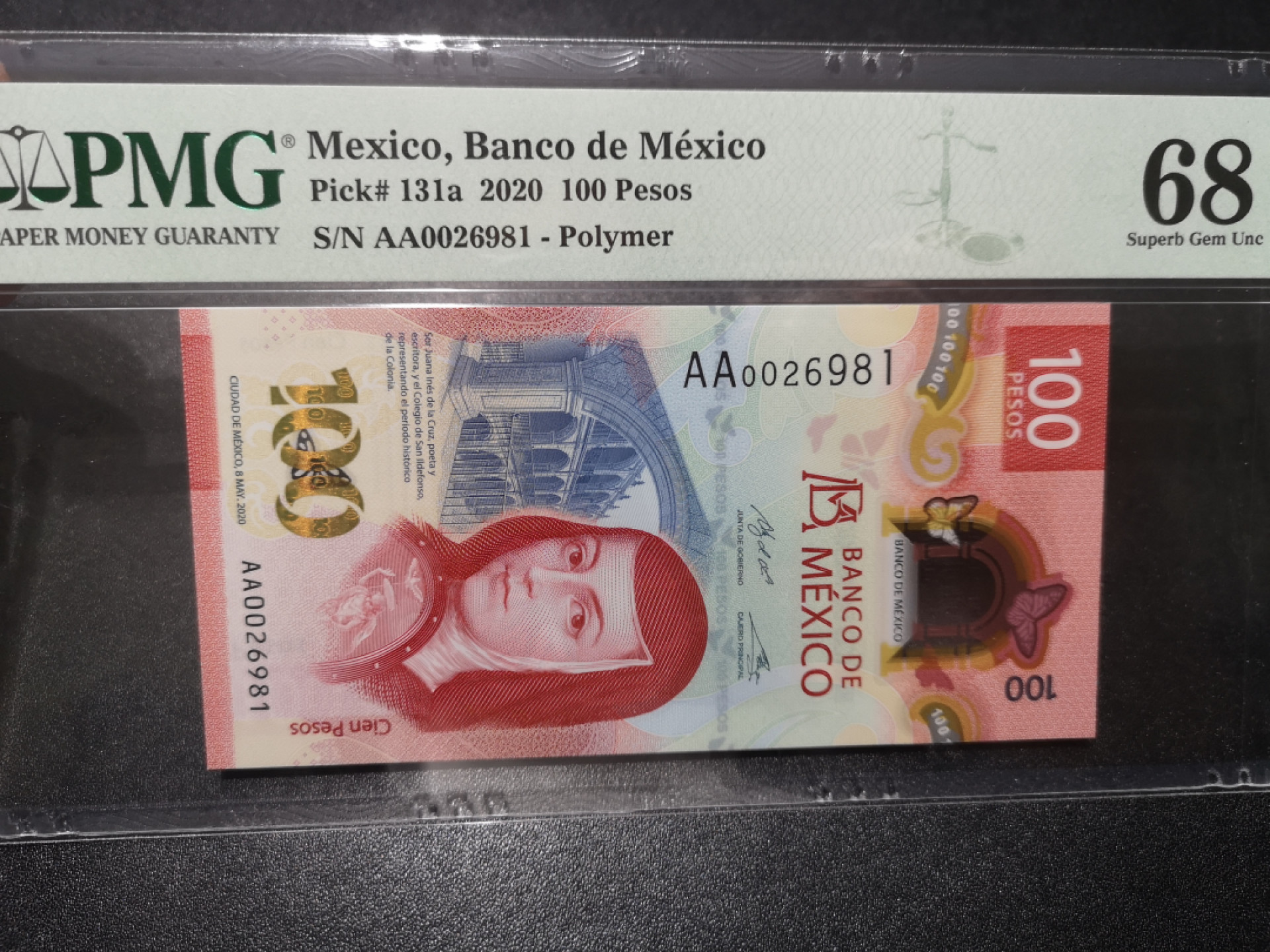 《外钞收藏家》第一百五十八期拍卖（本期111件） 2020年墨西哥100 AA冠 无47 万位号 PMG68