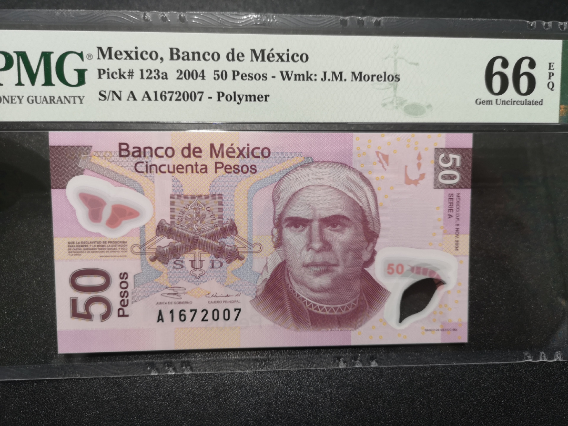 《外钞收藏家》第一百五十八期拍卖（本期111件） 2004年墨西哥50比索 AA冠 PMG66