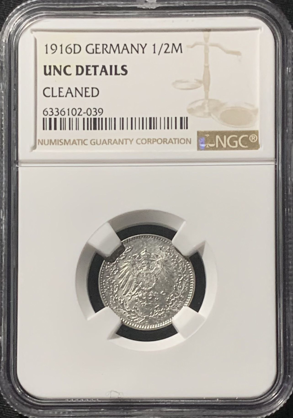 紫瑗钱币——第207期拍卖 德国 1916年 D版 第二帝国 1/2马克 银币 NGC UNC Detail