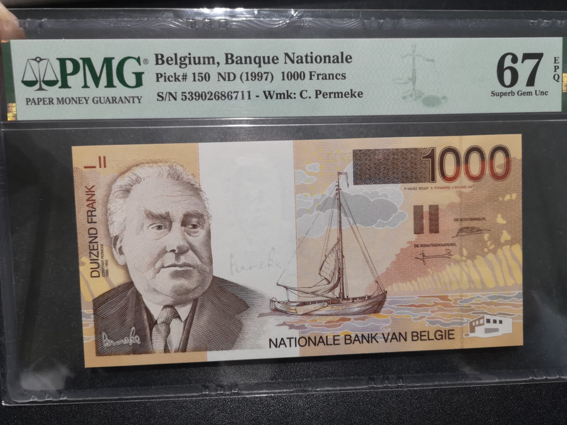 《外钞收藏家》第一百五十八期拍卖（本期111件） 1997年比利时1000法郎 PMG67