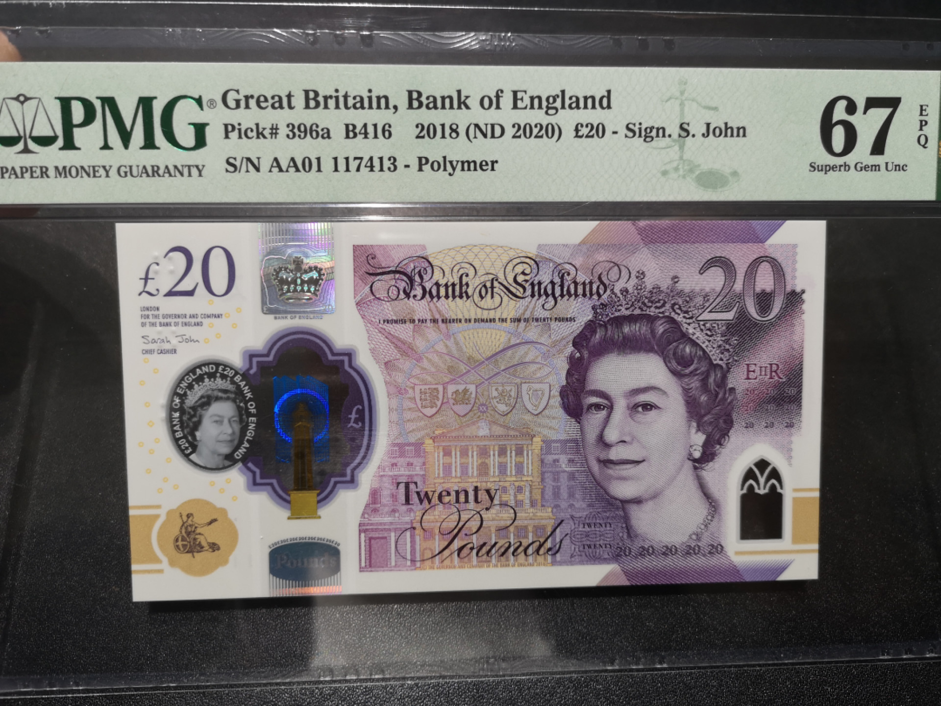 《外钞收藏家》第一百五十八期拍卖（本期111件） 2018年英国塑料钞20镑 AA01首发冠 PMG67