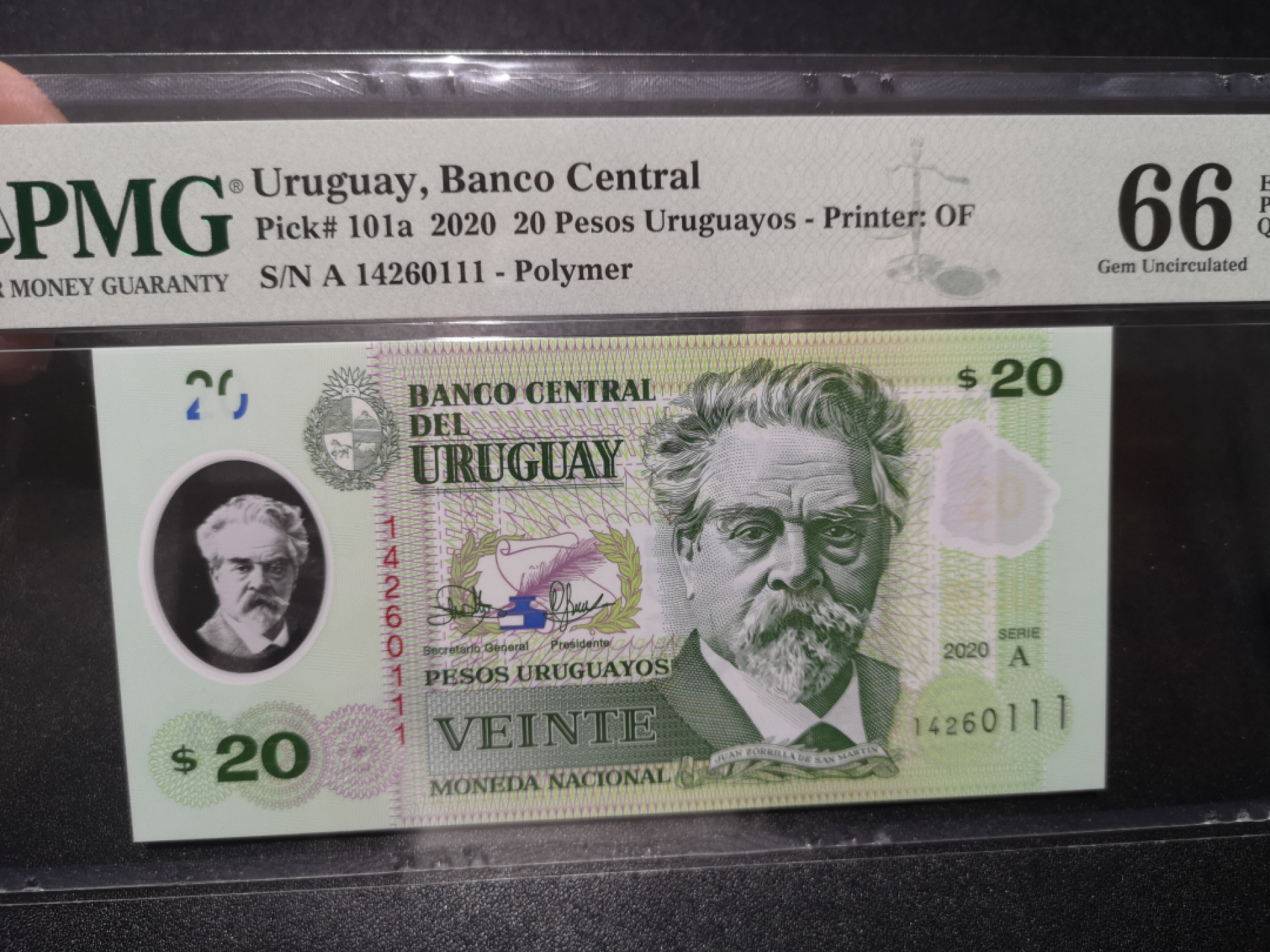 《外钞收藏家》第一百五十八期拍卖（本期111件） 2020年乌拉圭20比索 PMG66 A冠111豹子号