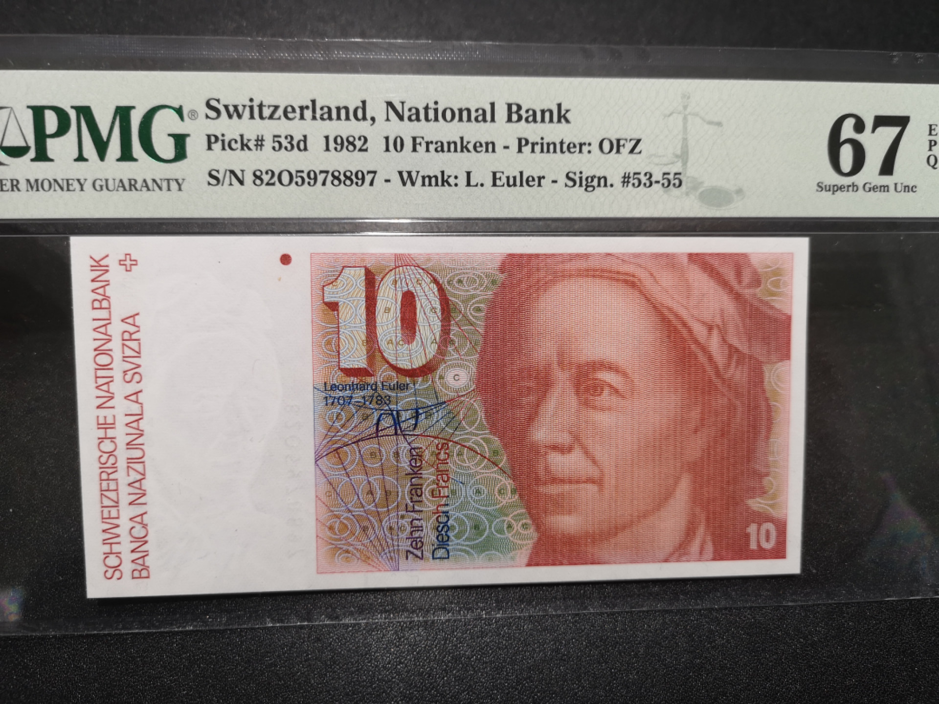 《外钞收藏家》第一百五十八期拍卖（本期111件） 1982年瑞士10法郎 PMG67（53d）