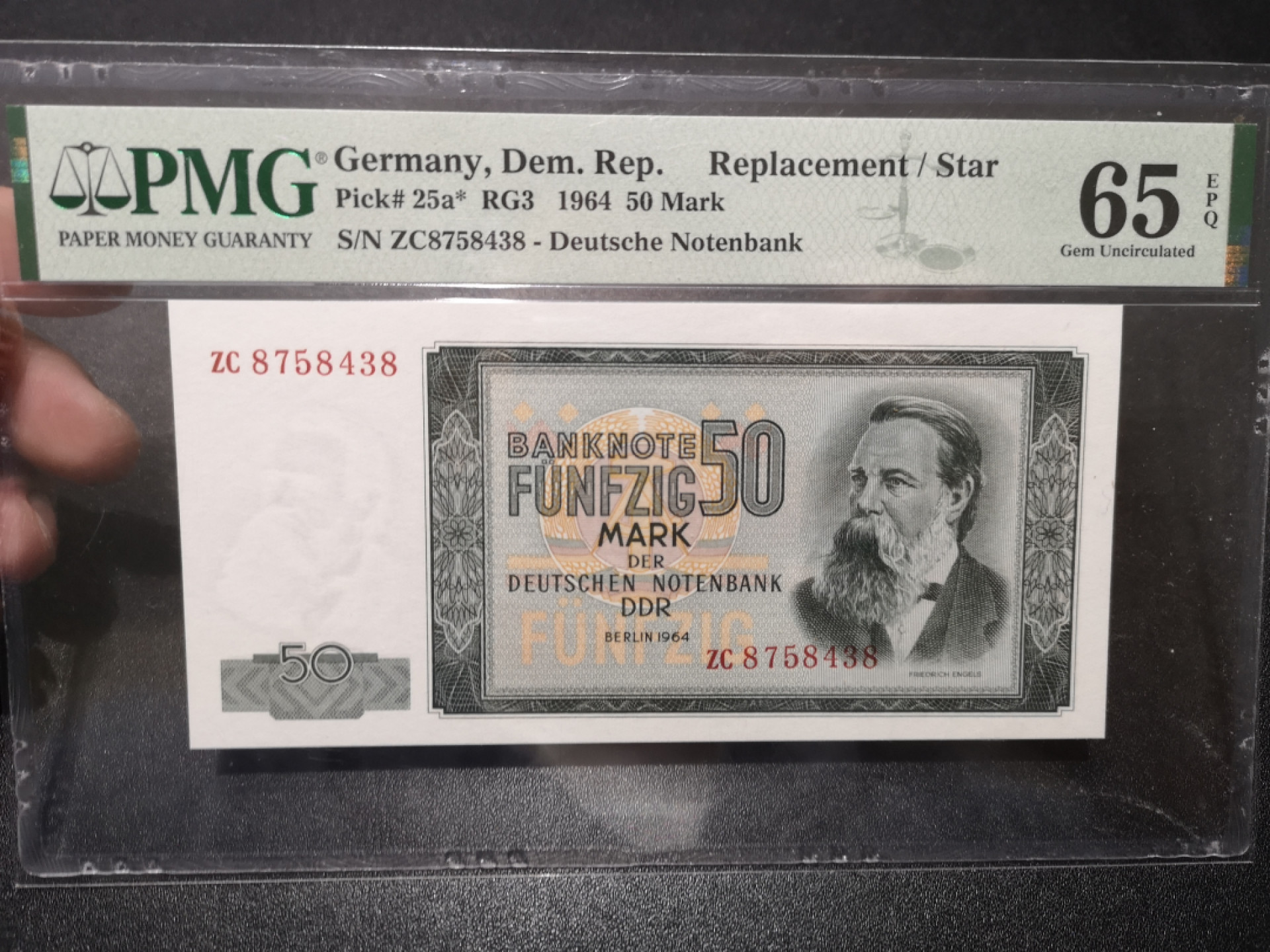 《外钞收藏家》第一百五十八期拍卖（本期111件） 1964年德国50马克 PMG65 尾8 补号