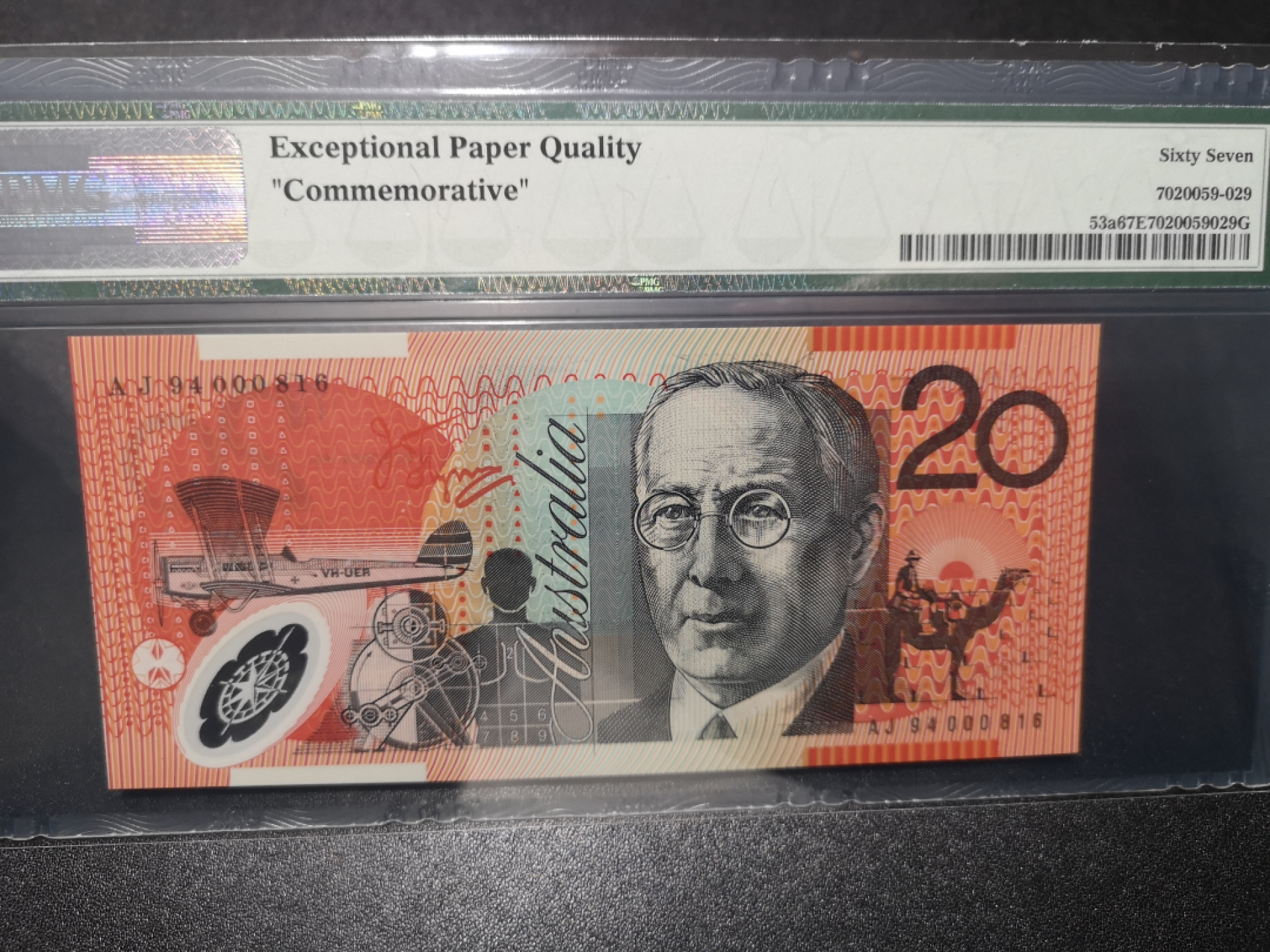 《外钞收藏家》第一百五十八期拍卖（本期111件） 1994年澳大利亚20 816百位号 PMG67
