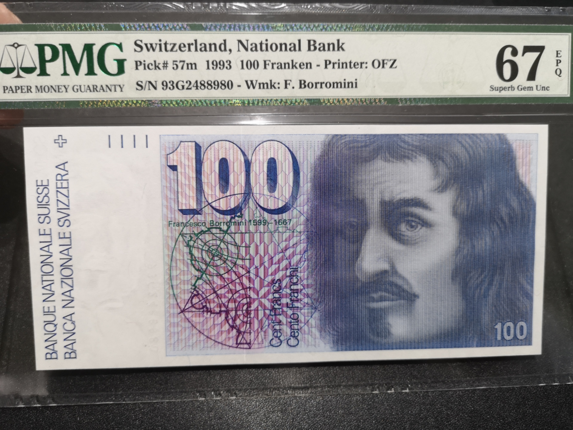 《外钞收藏家》第一百五十八期拍卖（本期111件） 1993年瑞士100法郎 PMG67（57m）