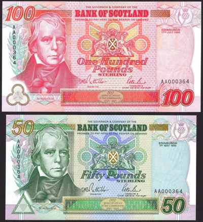 【Blue Auction】世界纸币精拍第150期——蓟花之国（共73拍） - 【AA冠全同百位小号 初版】苏格兰 1995年5-100镑全套 全新UNC 非常精美 少见