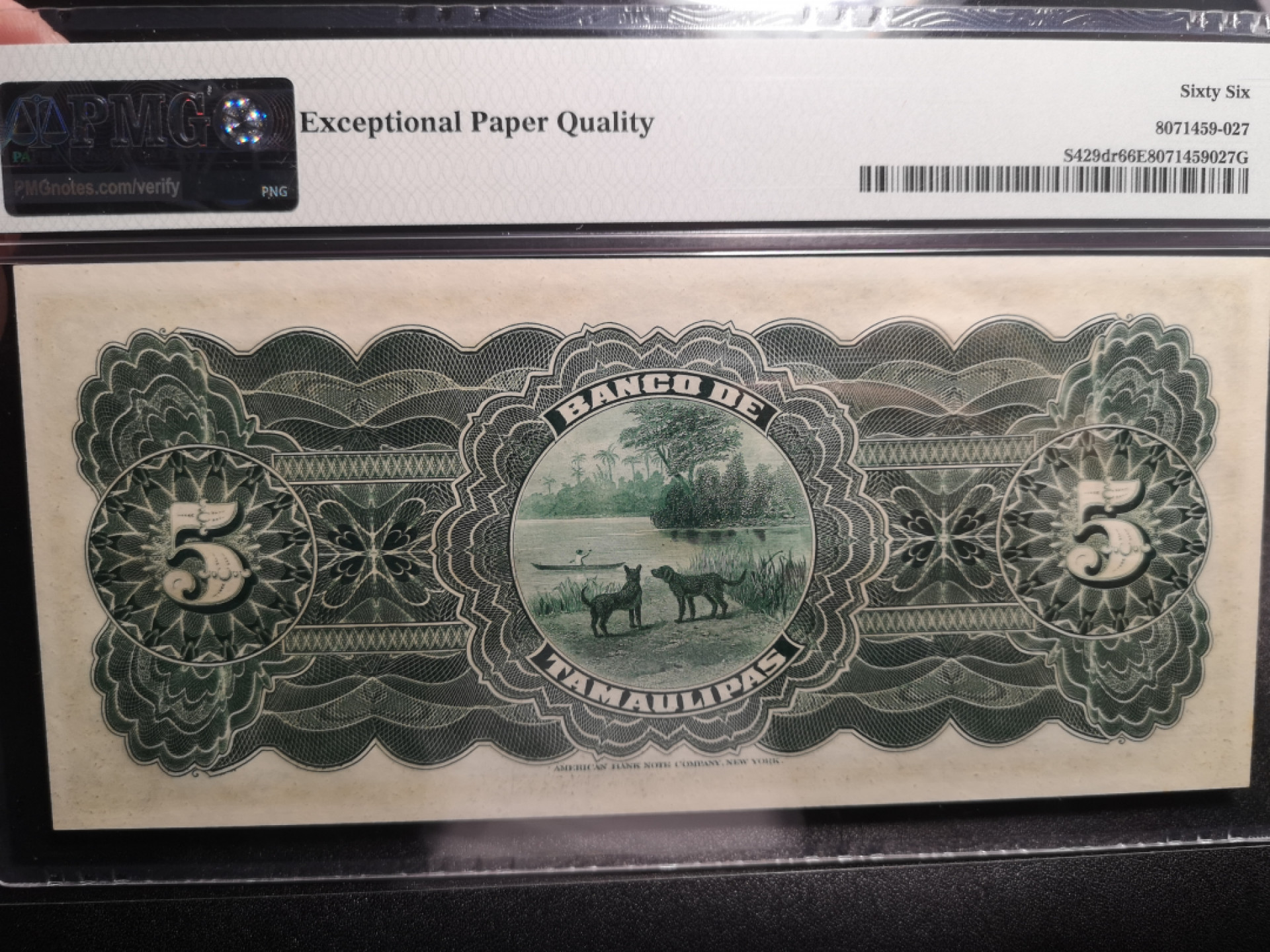 《外钞收藏家》第一百五十八期拍卖（本期111件） 1902-14年墨西哥5比索 PMG66 100多年的精美纸币 