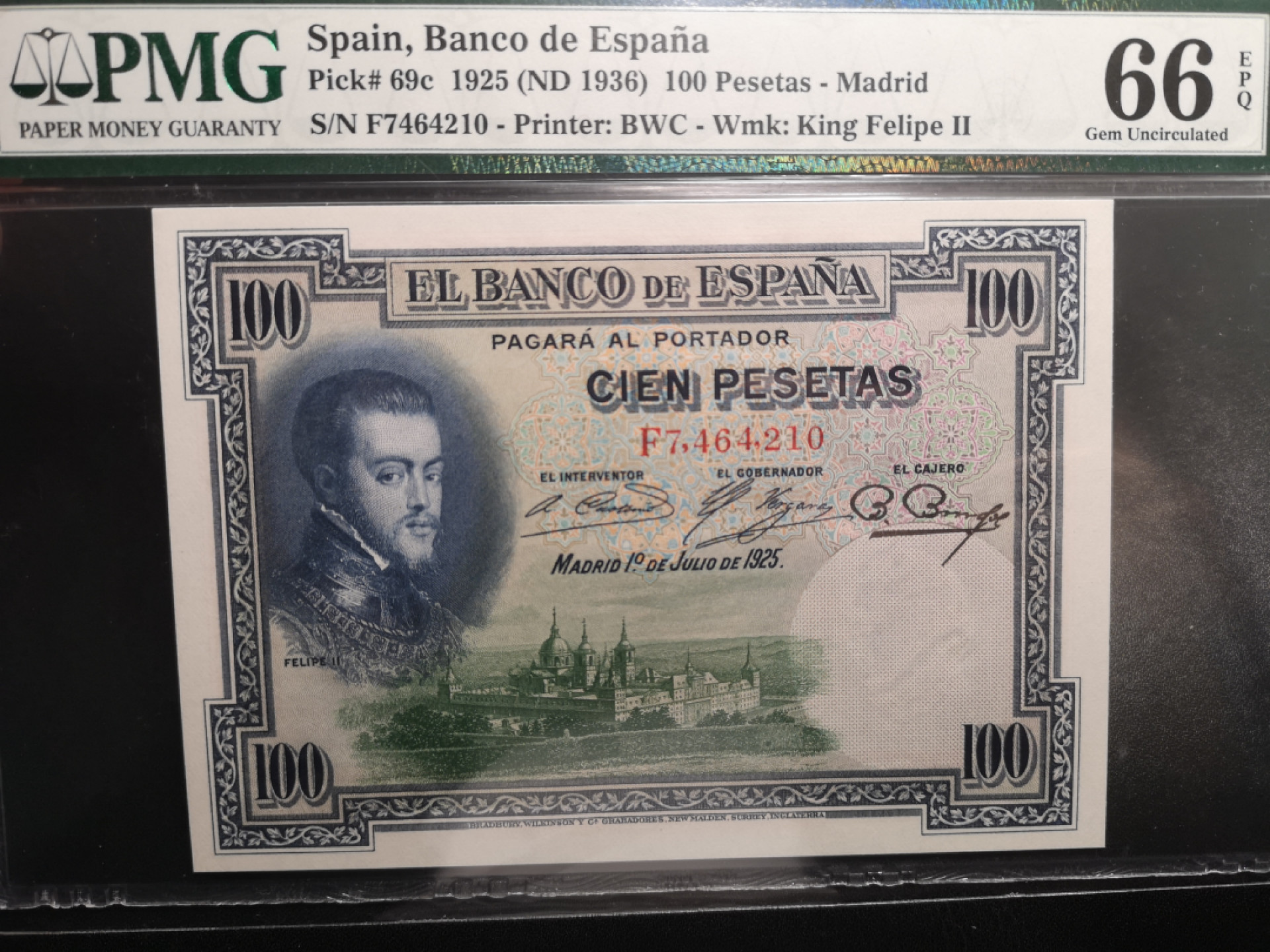 《外钞收藏家》第一百五十八期拍卖（本期111件） 1925年西班牙100 BWC作品 PMG66