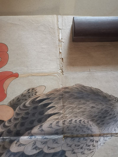 手绘鹰鸟字画国画条幅软片款被挖了