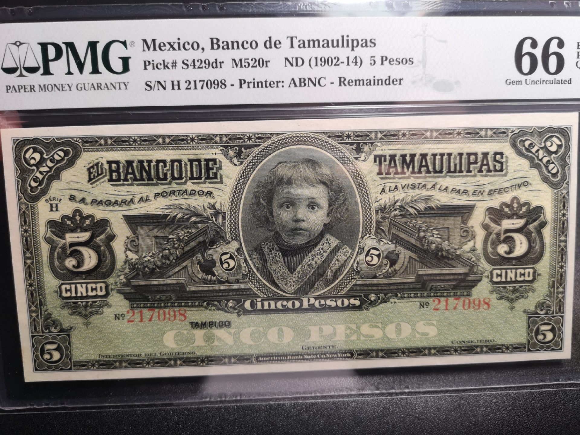 《外钞收藏家》第一百五十八期拍卖（本期111件） 1902-14年墨西哥5比索 PMG66 100多年的精美纸币 