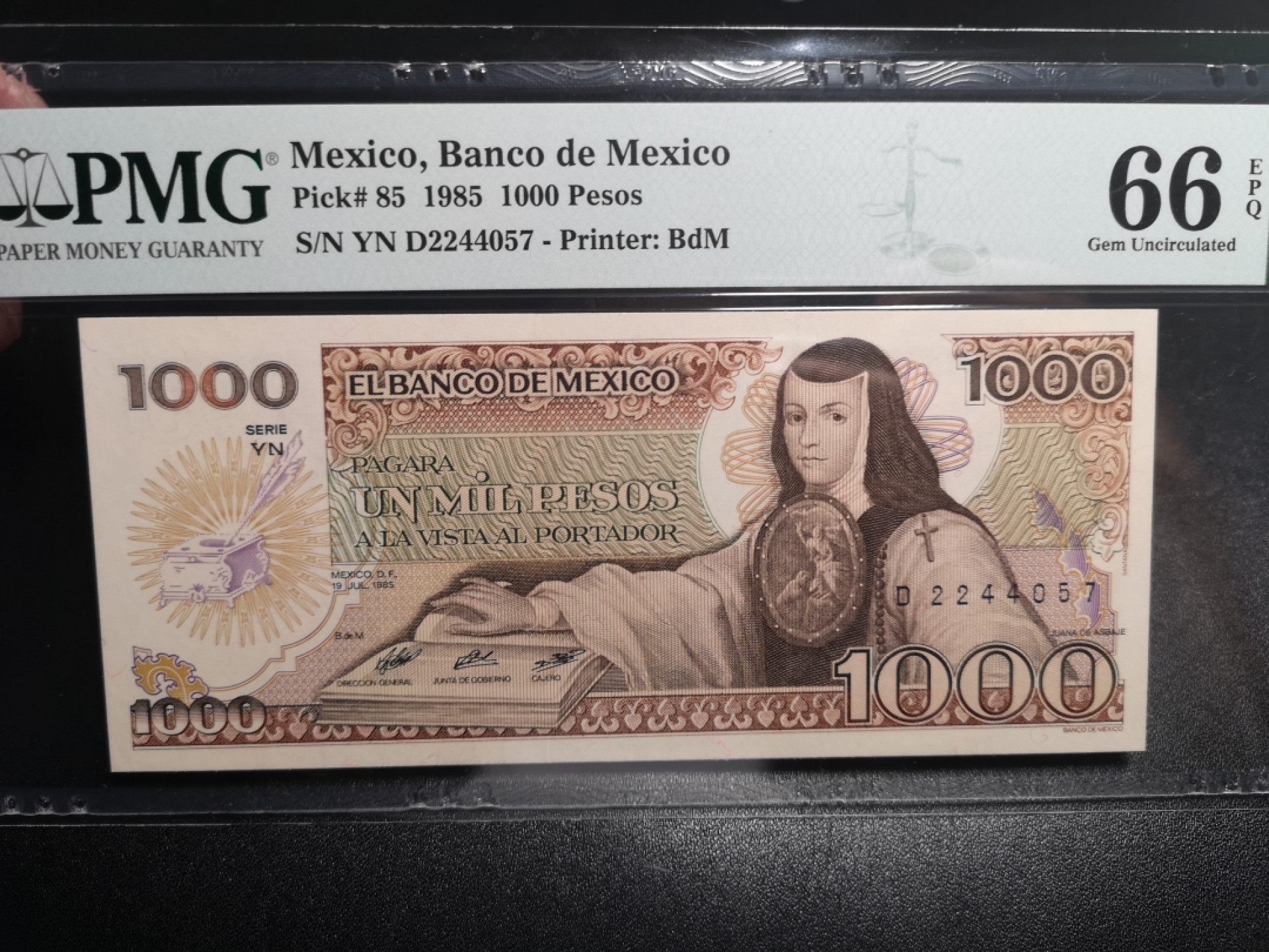 《外钞收藏家》第一百五十八期拍卖（本期111件） 1985年墨西哥1000比索 PMG66