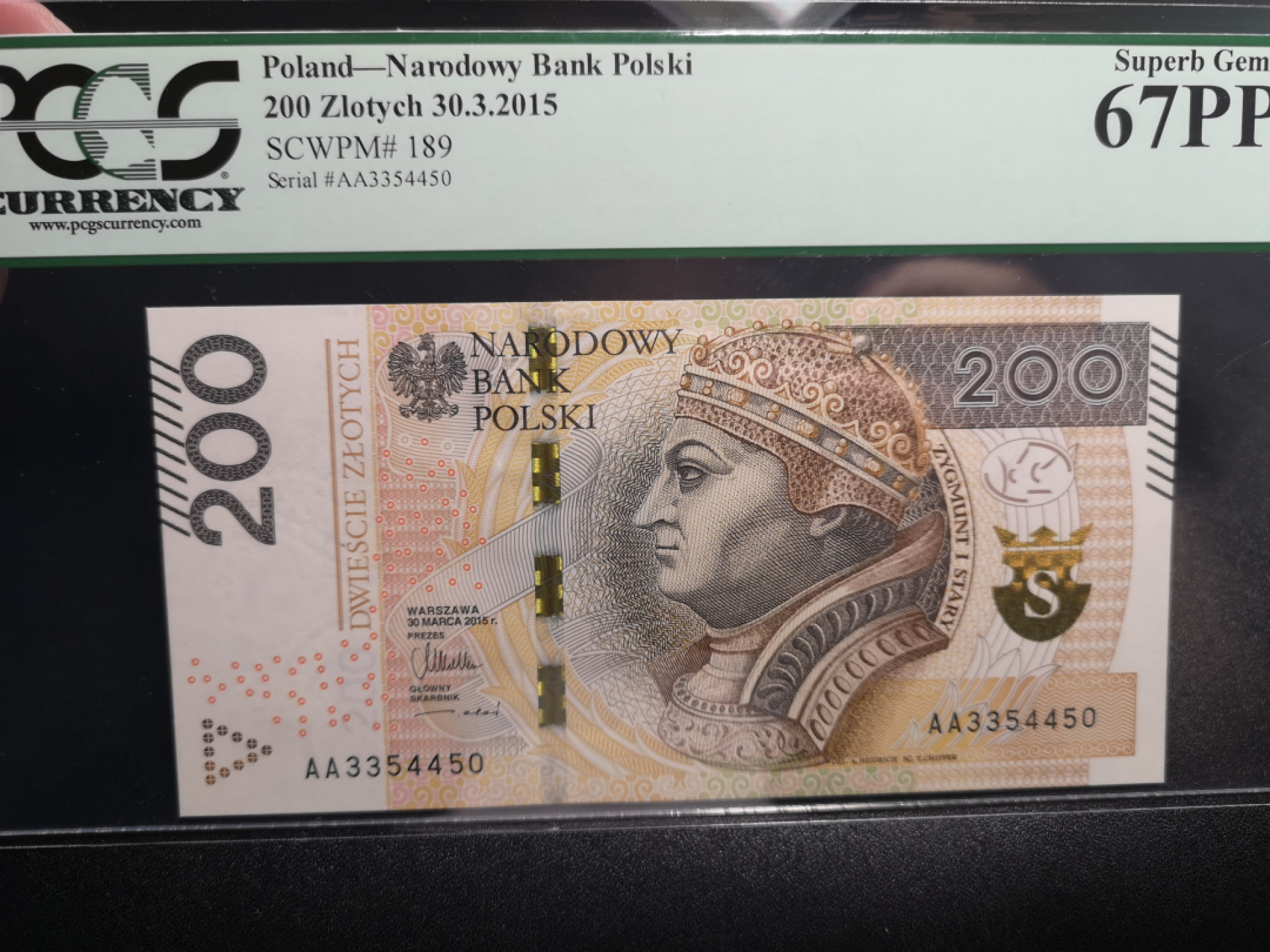 《外钞收藏家》第一百五十八期拍卖（本期111件） 2015年波兰200 AA冠 绿标PCGS67