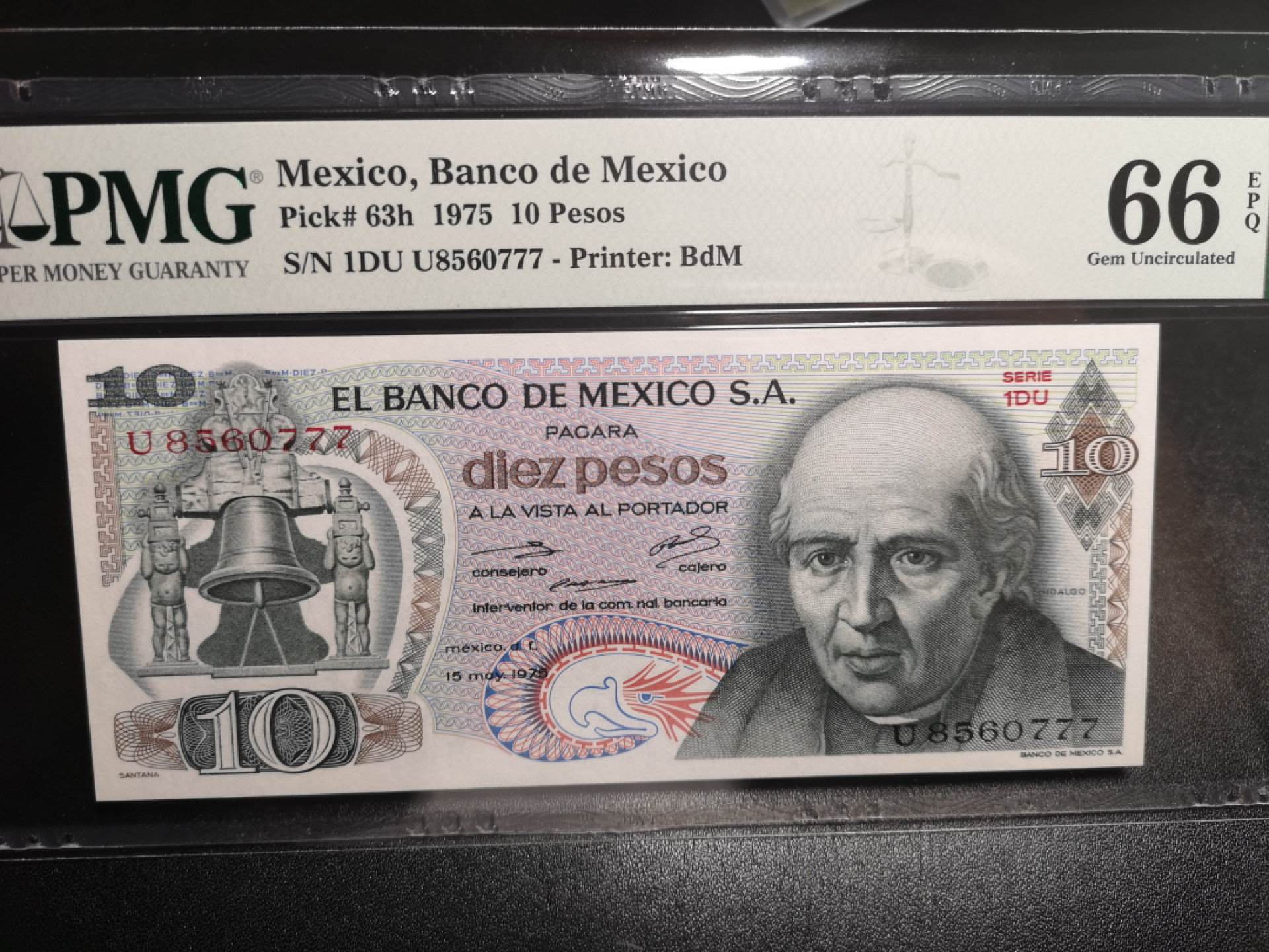 《外钞收藏家》第一百五十八期拍卖（本期111件） 1975年墨西哥10比索 PMG66 豹子号777