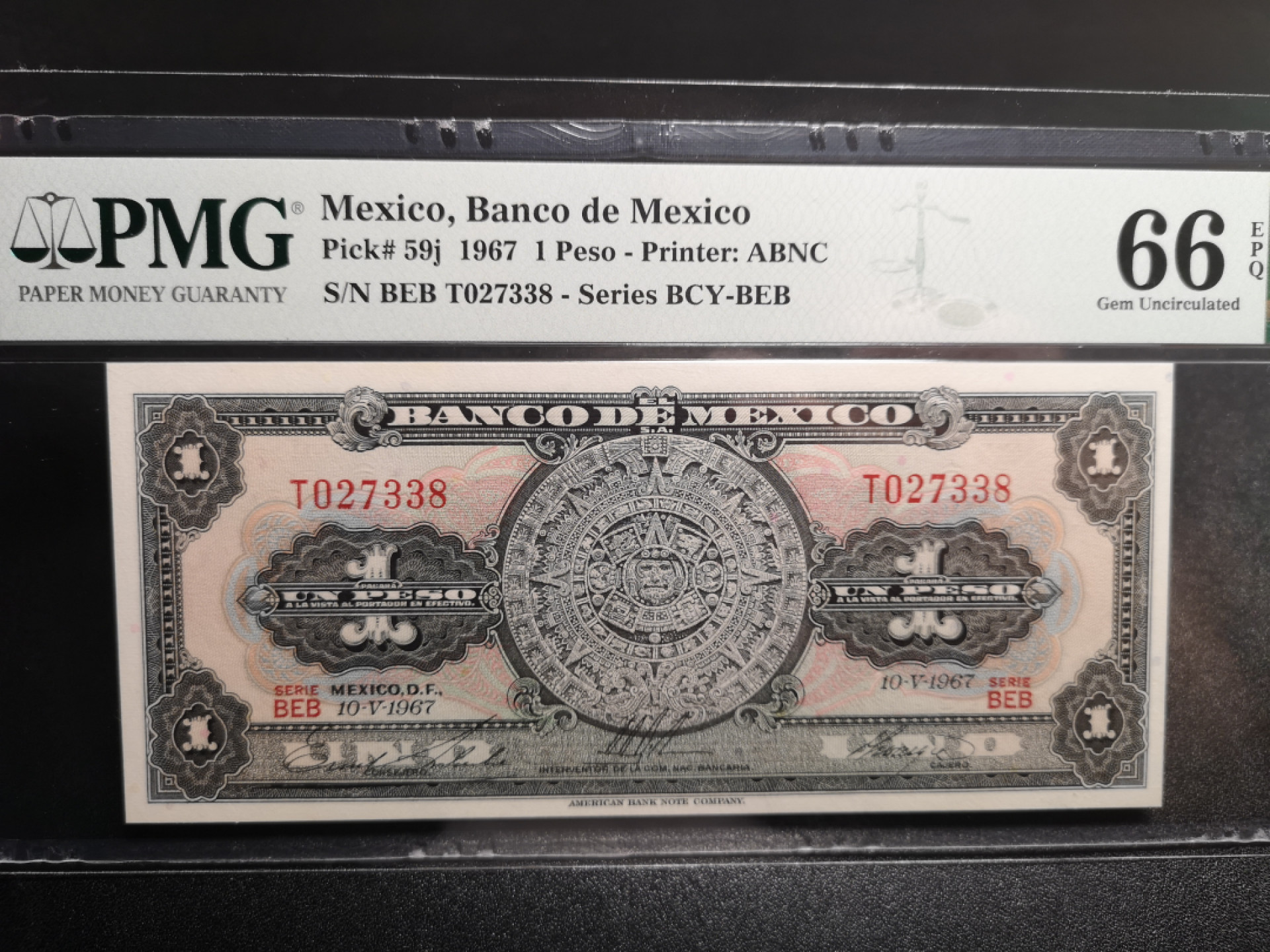 《外钞收藏家》第一百五十八期拍卖（本期111件） 1967年墨西哥1比索 PMG66
