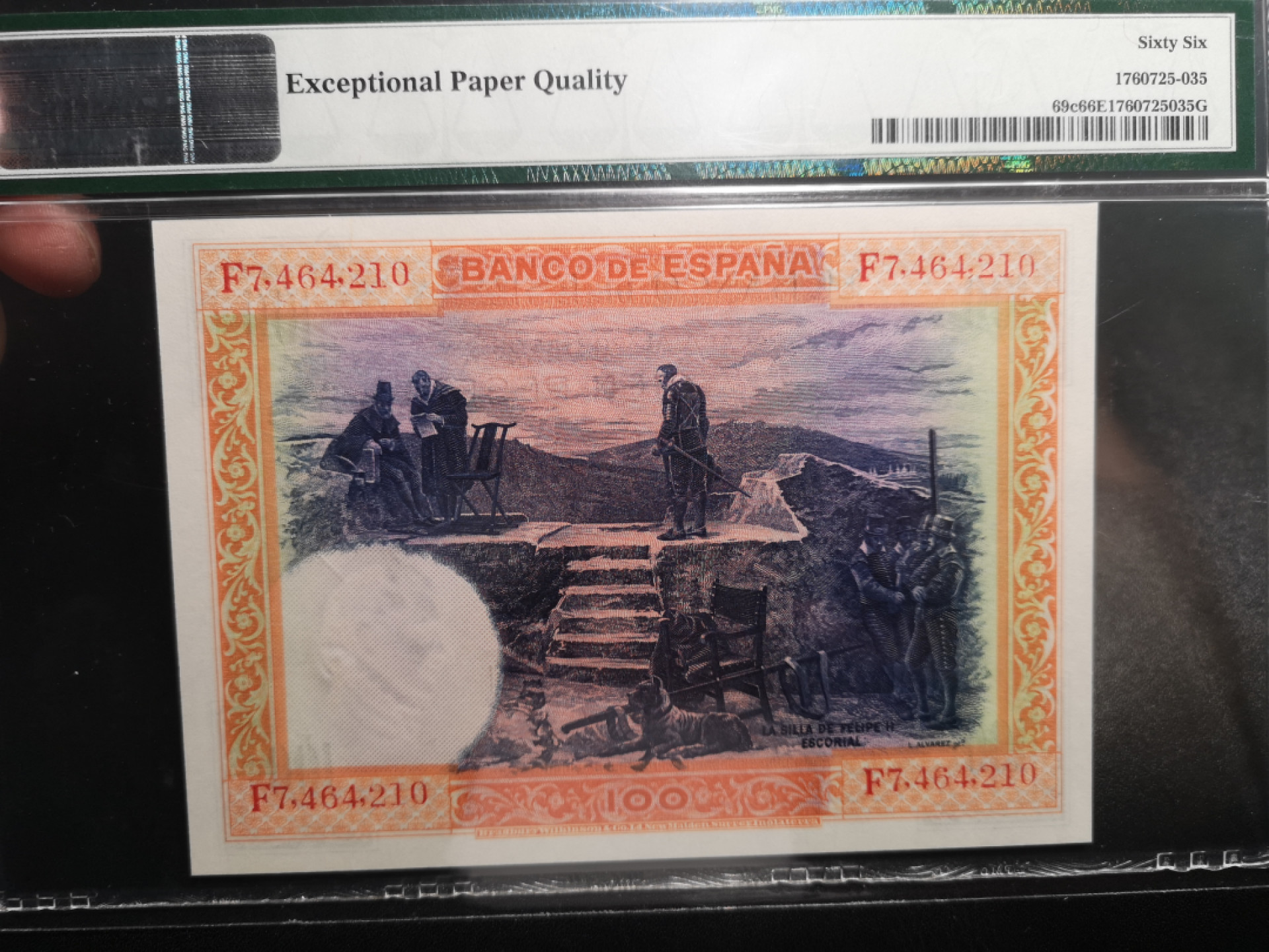 《外钞收藏家》第一百五十八期拍卖（本期111件） 1925年西班牙100 BWC作品 PMG66