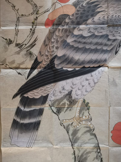 手绘鹰鸟字画国画条幅软片款被挖了