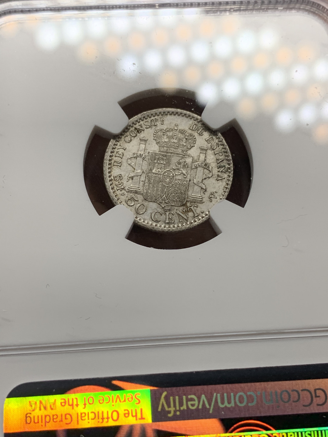 《竞宝斋》钱币微拍-第24场-本周日，周一2场连拍（全场顺丰包邮） NGC-MS63 西班牙 1904年 阿方索十三世 50分 银币