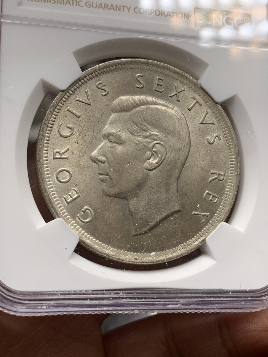 《竞宝斋》钱币微拍-第24场-本周日，周一2场连拍（全场顺丰包邮） NGC-MS62 南非 1952年开普敦建城纪念 5先令 小鹿大银币 原光好品