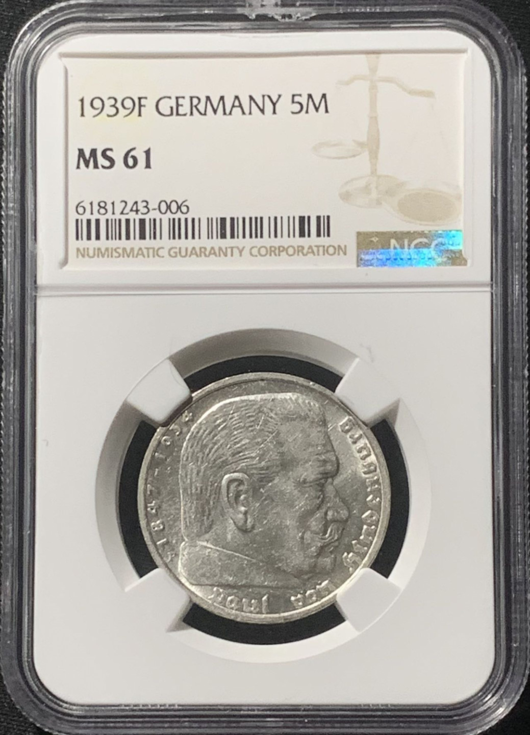 紫瑗钱币——第162期拍卖 德国 1939年 F版 兴登堡 字符版 5马克 银币 NGC MS61