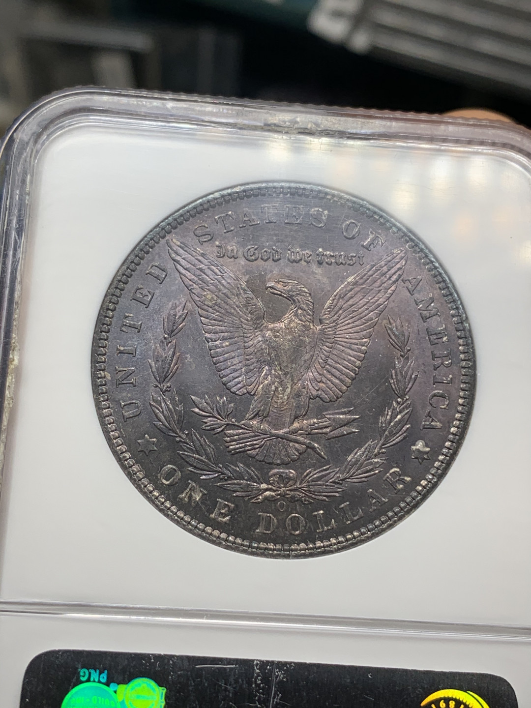 《竞宝斋》钱币微拍-第24场-本周日，周一2场连拍（全场顺丰包邮） NGC MS64美国1904年摩根银币 双面紫罗兰包浆，老盒有裂粘过