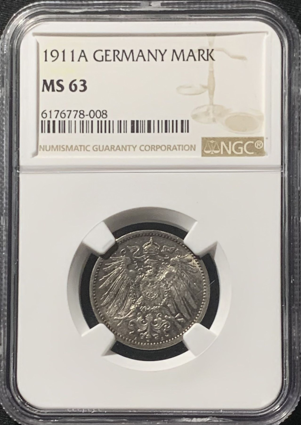 紫瑗钱币——第162期拍卖 德国 1911年 A版 第二帝国 长翅 1马克 银币 NGC MS63