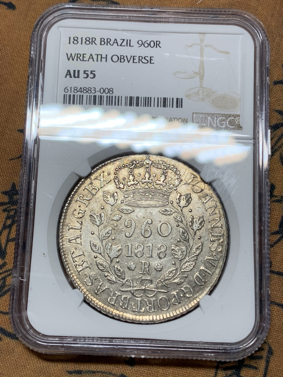 《竞宝斋》钱币微拍-第24场-本周日，周一2场连拍（全场顺丰包邮） NGC AU55巴西1818年960瑞斯银币 深打细节清晰