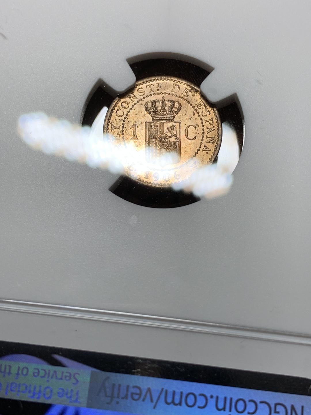 《竞宝斋》钱币微拍-第24场-本周日，周一2场连拍（全场顺丰包邮） NGC-MS63 RB 西班牙 1906年 阿方索十三世 1分铜币 无可挑剔的细节