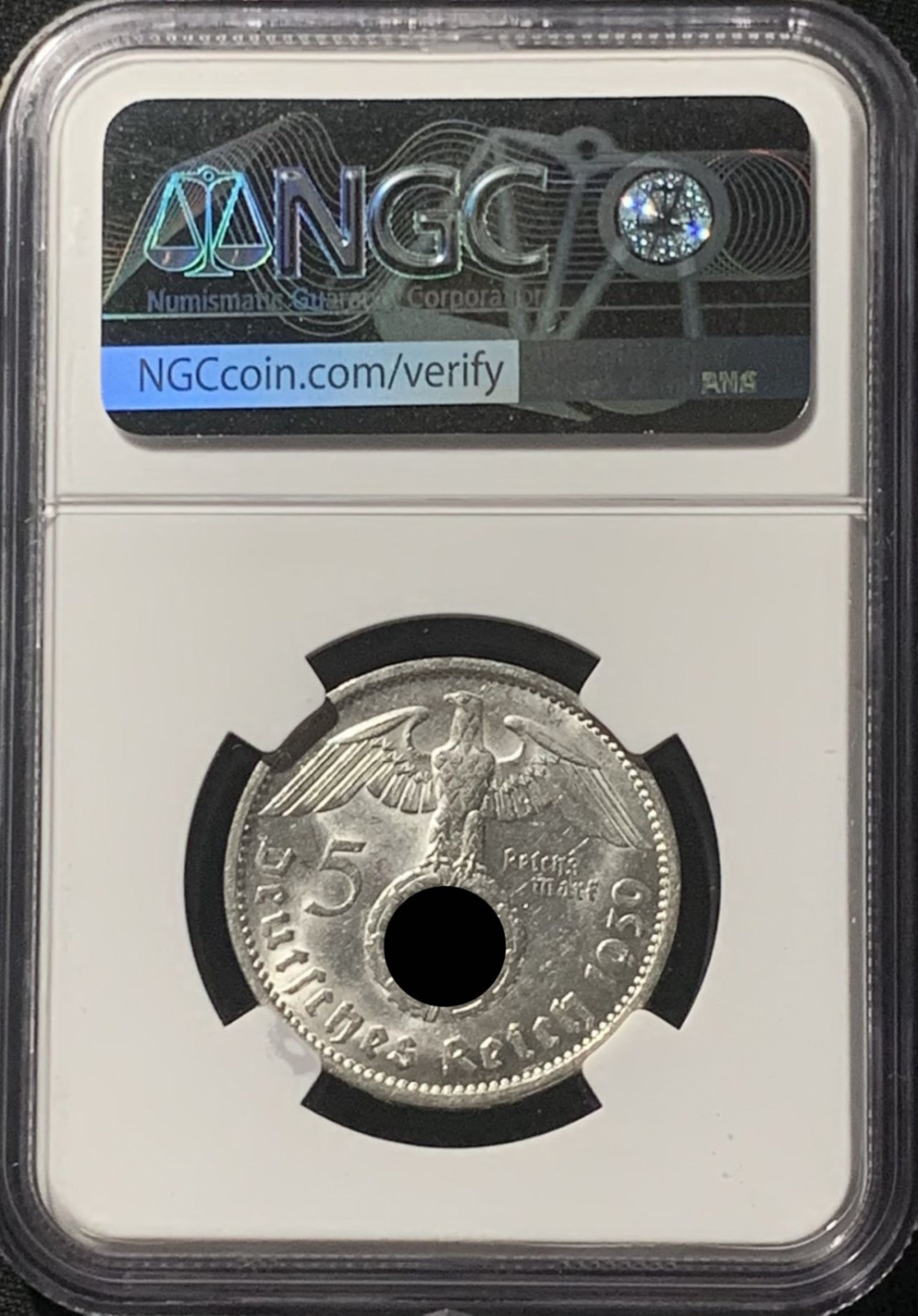 紫瑗钱币——第162期拍卖 德国 1939年 J版 兴登堡 字符版 5马克 银币 NGC MS62