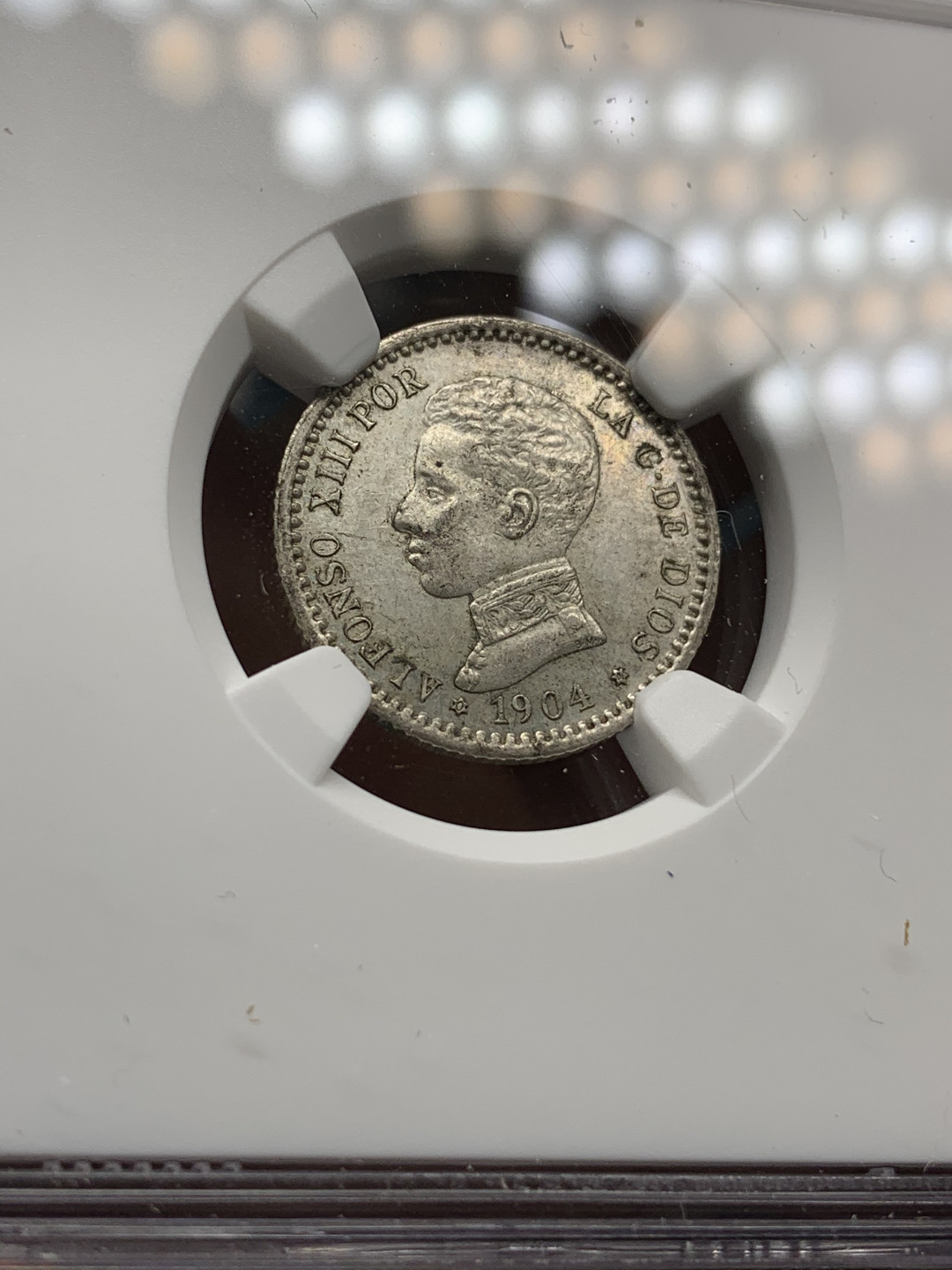 《竞宝斋》钱币微拍-第24场-本周日，周一2场连拍（全场顺丰包邮） NGC-MS63 西班牙 1904年 阿方索十三世 50分 银币