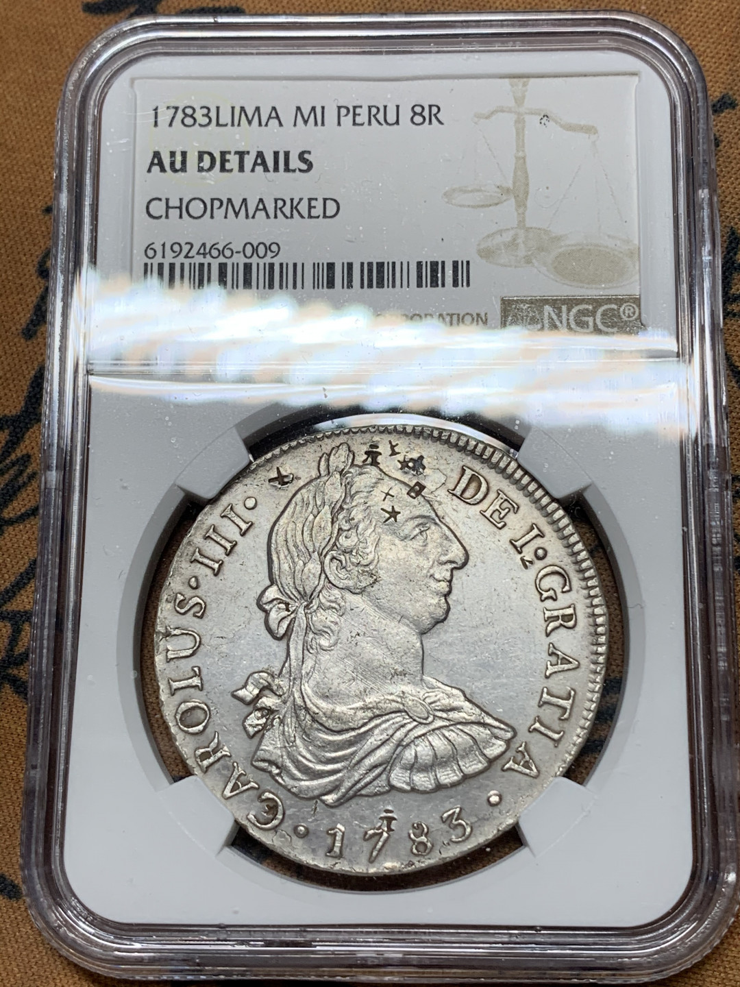 《竞宝斋》钱币微拍-第24场-本周日，周一2场连拍（全场顺丰包邮） NGC AU评级 1783年 秘鲁 利马厂 卡三 8R 双柱大银币 正反深打 戳记清晰