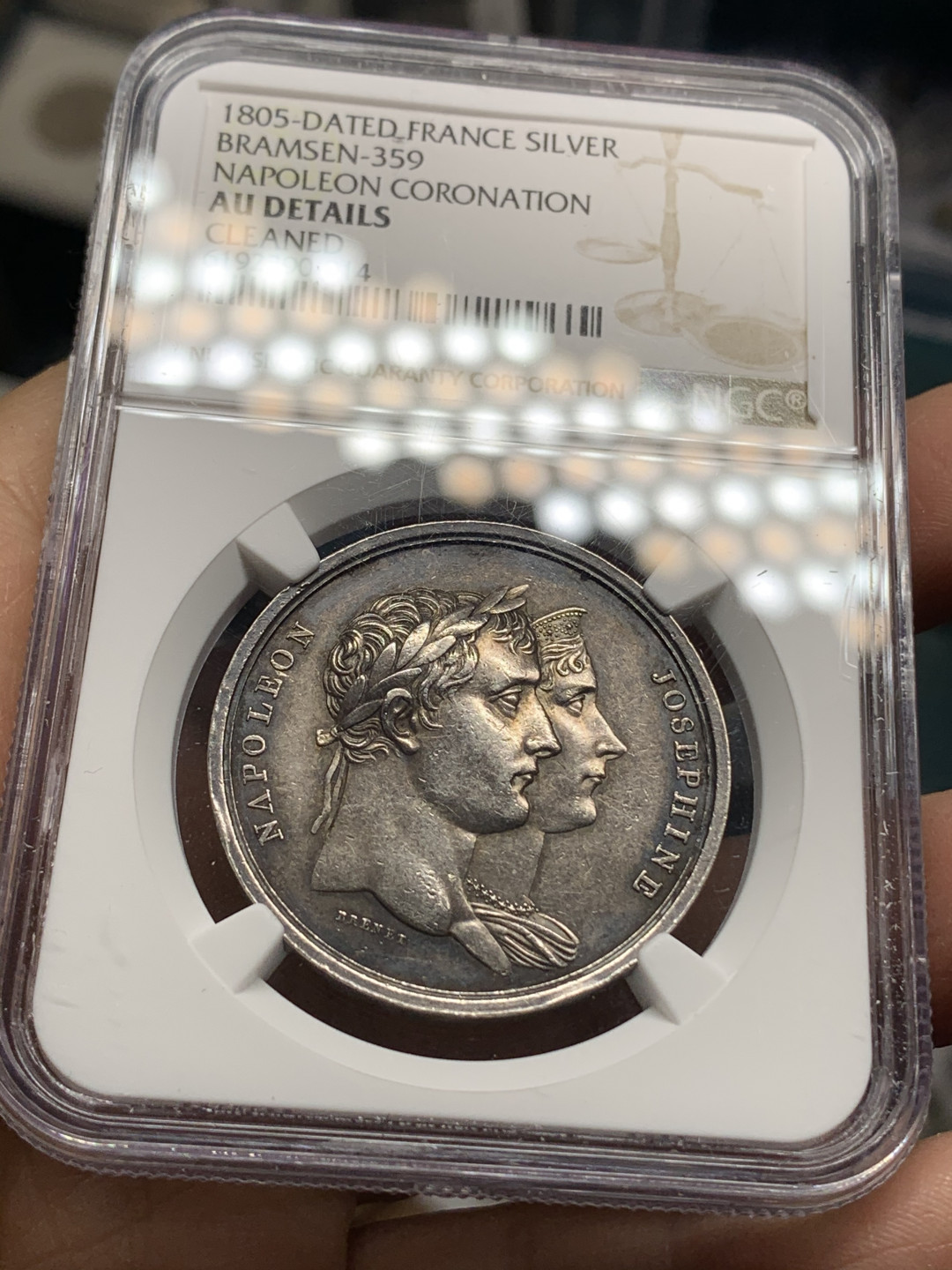 《竞宝斋》钱币微拍-第24场-本周日，周一2场连拍（全场顺丰包邮） NGC-AU 法国拿破仑一世 1805年 巴黎加冕典礼 背面是雄鹰 银章 稀少品种