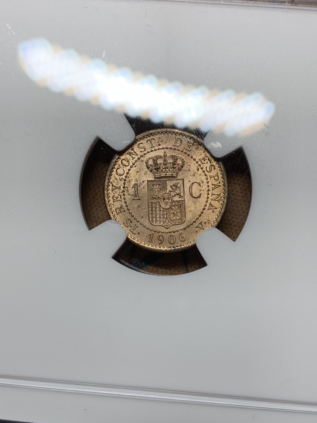 《竞宝斋》钱币微拍-第24场-本周日，周一2场连拍（全场顺丰包邮） NGC-MS63 RB 西班牙 1906年 阿方索十三世 1分铜币 无可挑剔的细节