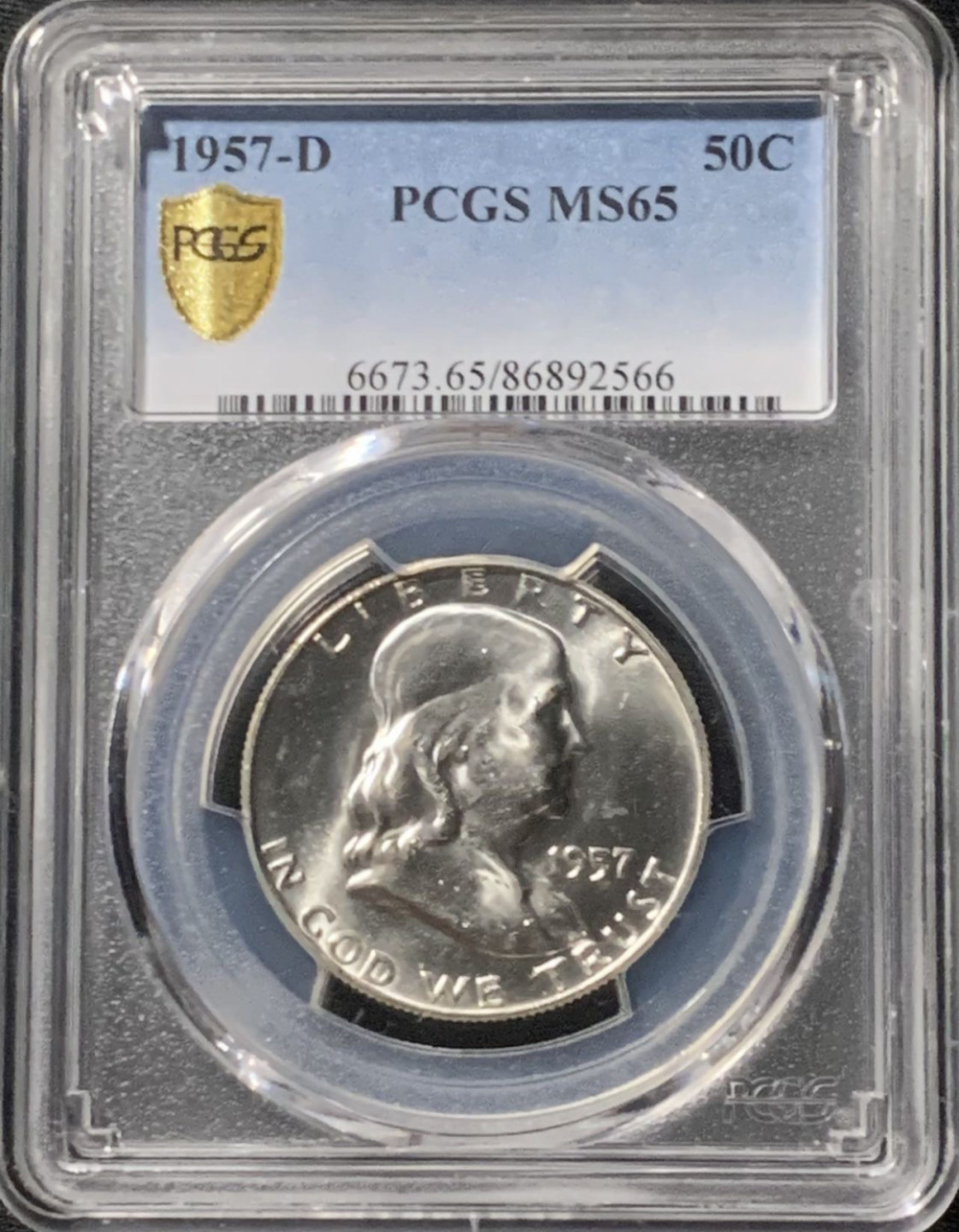 紫瑗钱币——第162期拍卖 美国 1957年 D版 富兰克林 50美分 半美元 银币 PCGS MS65