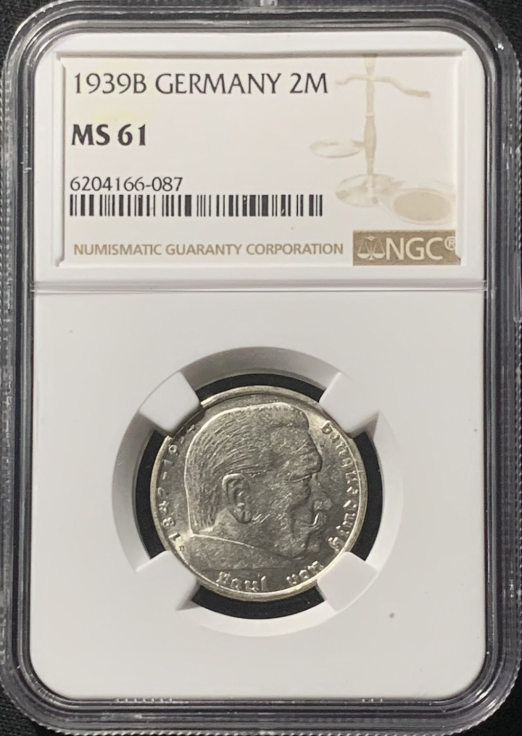 紫瑗钱币——第162期拍卖 德国 1939年 B版 兴登堡 字符版 2马克 银币 NGC MS61