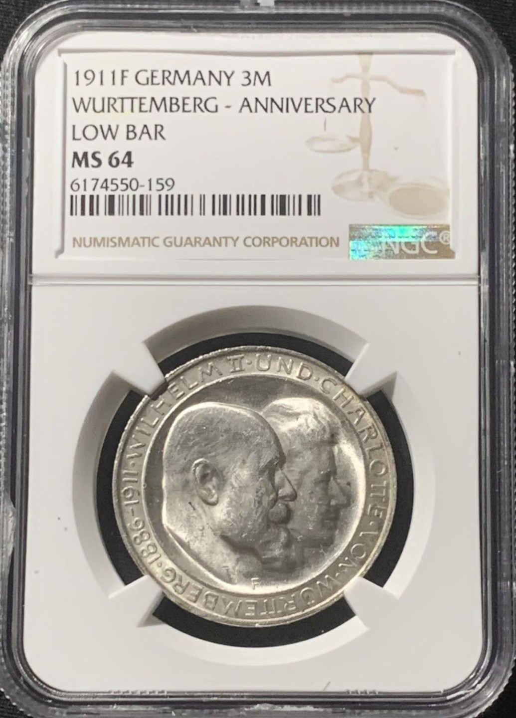 紫瑗钱币——第162期拍卖 德国 符腾堡 1911年 银婚 3马克 银币 NGC MS64