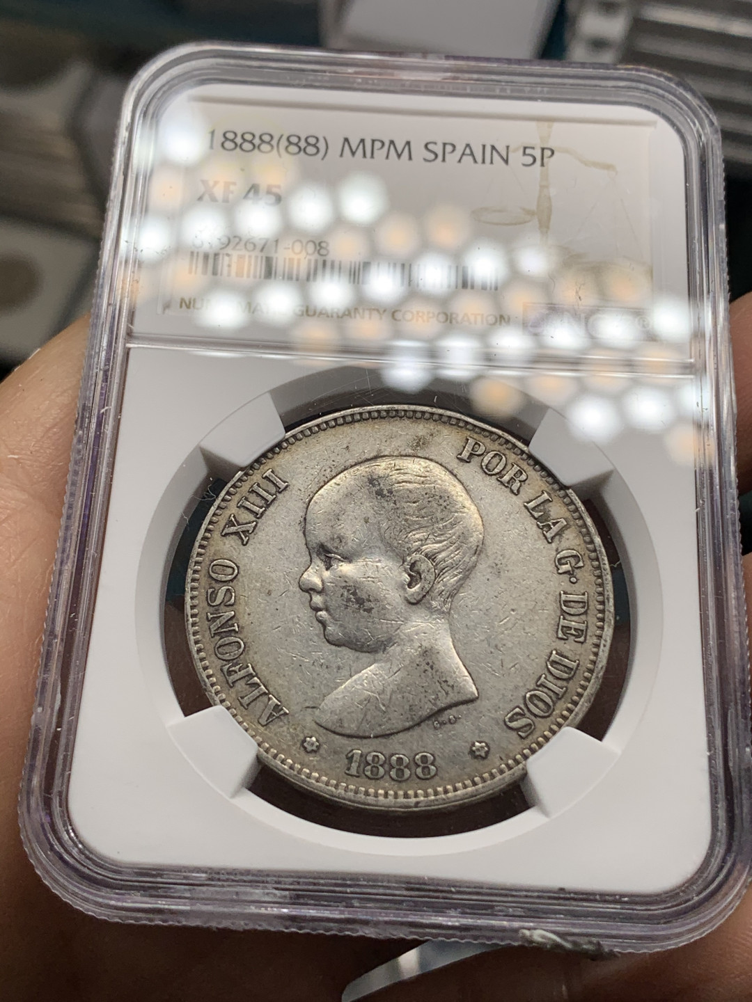 《竞宝斋》钱币微拍-第24场-本周日，周一2场连拍（全场顺丰包邮） NGC-XF45 西班牙 1888年 发财年份 5比塞塔 大银币
