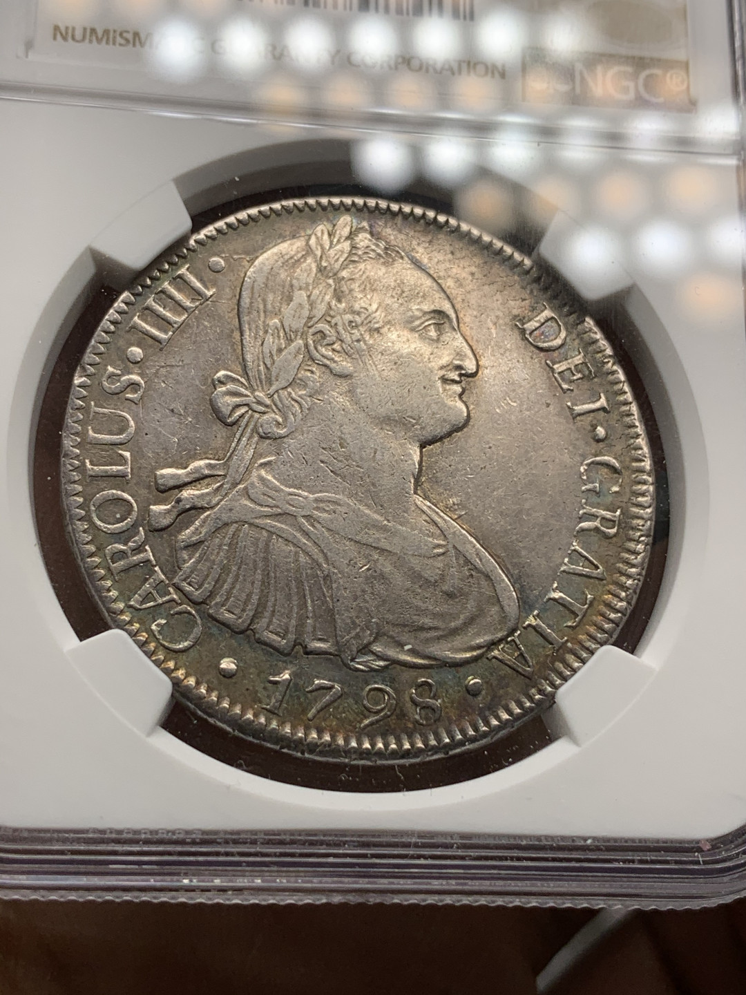 《竞宝斋》钱币微拍-第24场-本周日，周一2场连拍（全场顺丰包邮） NGC-XF45  1798  西属秘鲁利马 卡四  稀少厂  8里亚尔  原味五彩  是非难得 低评