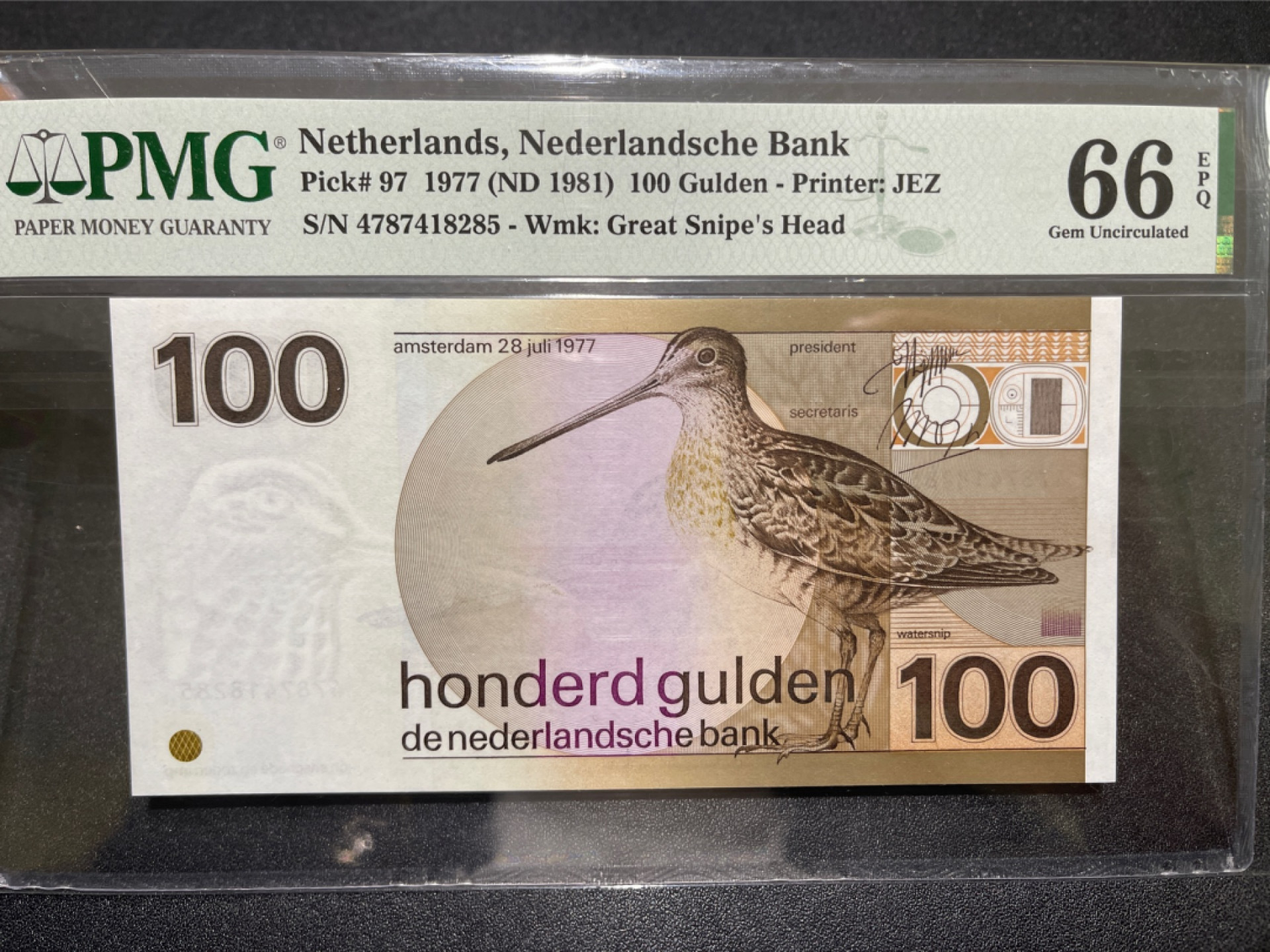 《外钞收藏家》第一百五十八期拍卖（本期111件） 1981年荷兰100盾 水鸟 PMG66