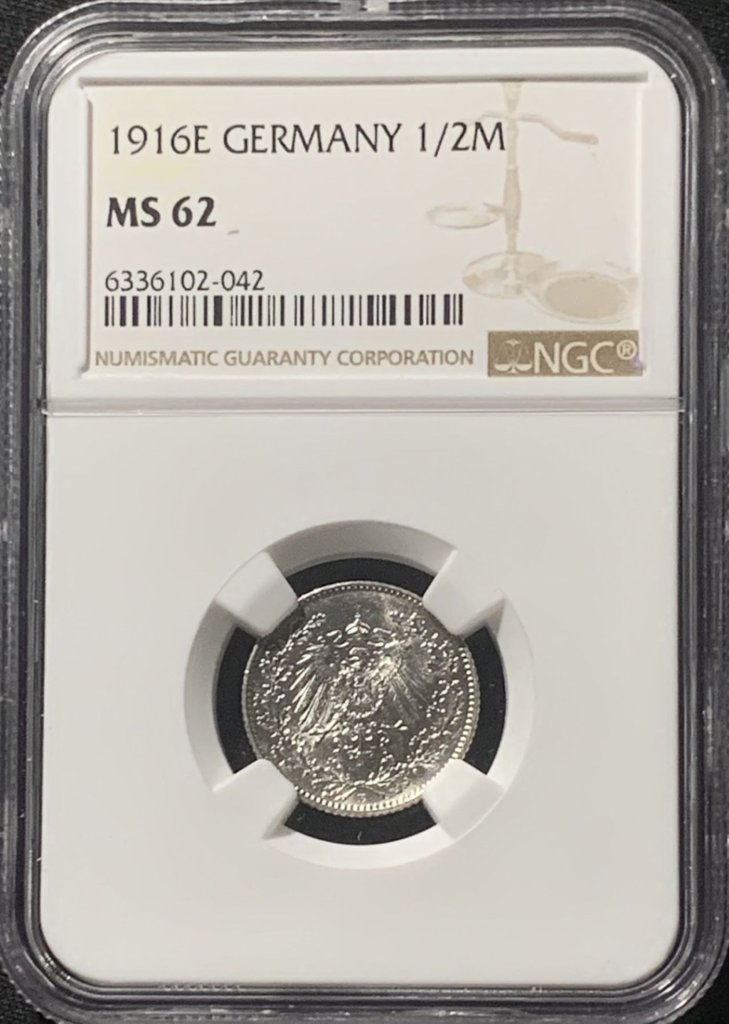 紫瑗钱币——第162期拍卖 德国 1916年 E版 第二帝国 1/2马克 银币 NGC MS62