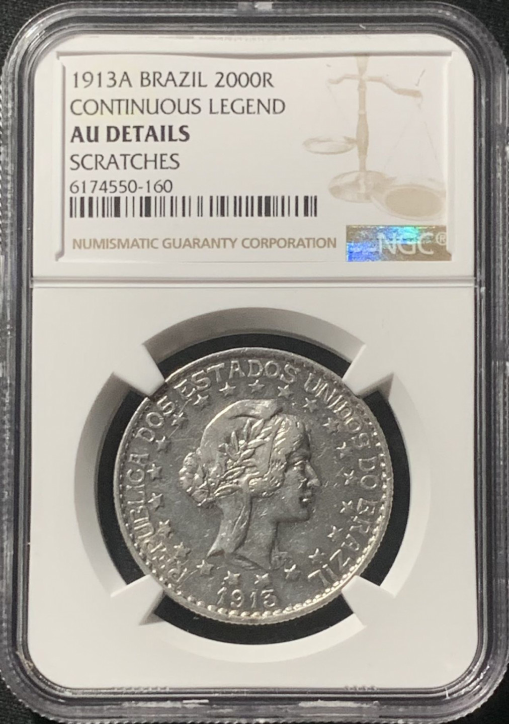 紫瑗钱币——第162期拍卖 巴西 1913年 女神 2000里亚尔 银币 NGC AU
