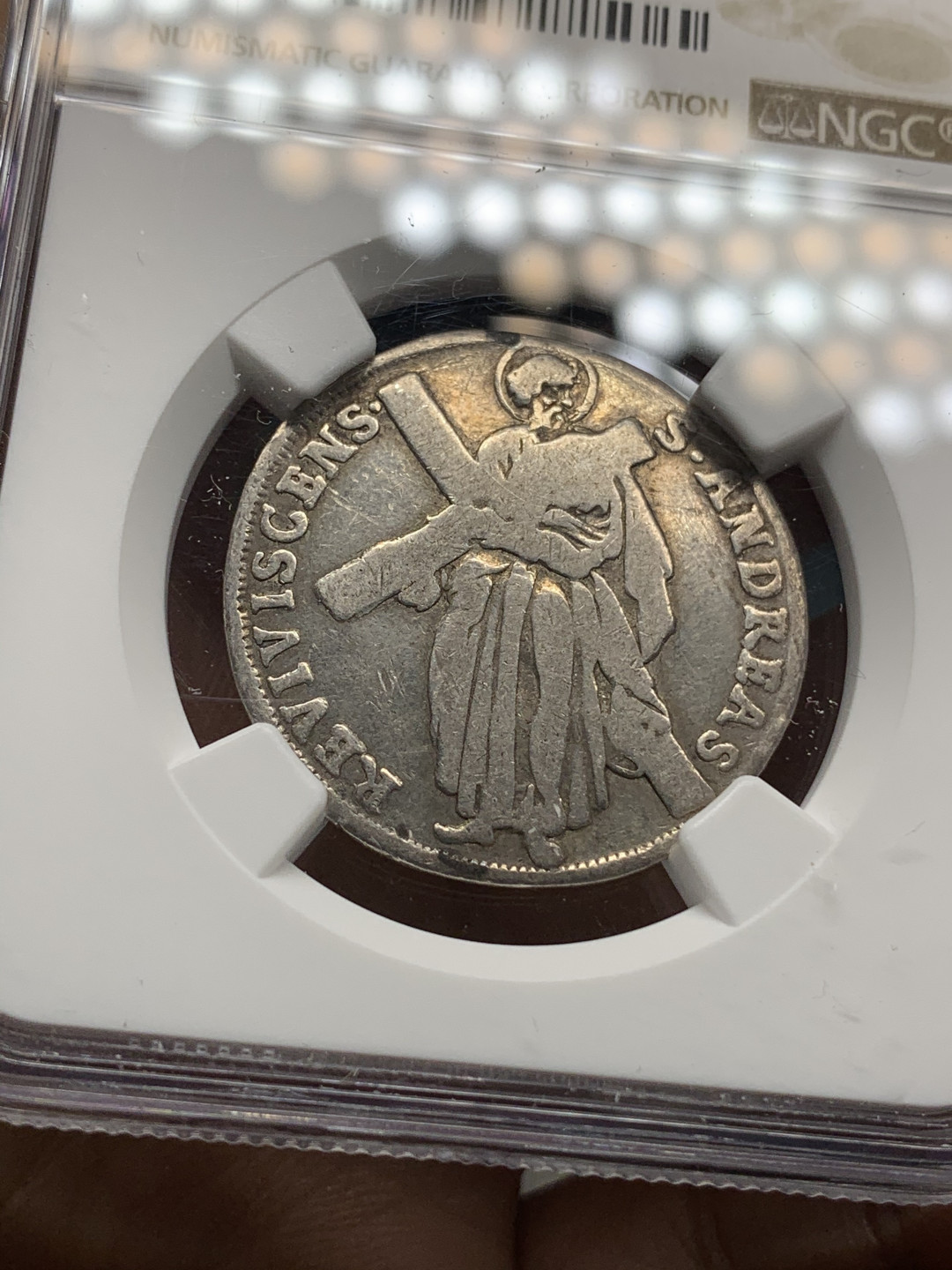 《竞宝斋》钱币微拍-第24场-本周日，周一2场连拍（全场顺丰包邮） NGC-FINE 德国布伦瑞克 1690 HB年 耶稣十字架 1/3泰勒 银币 稀少品种