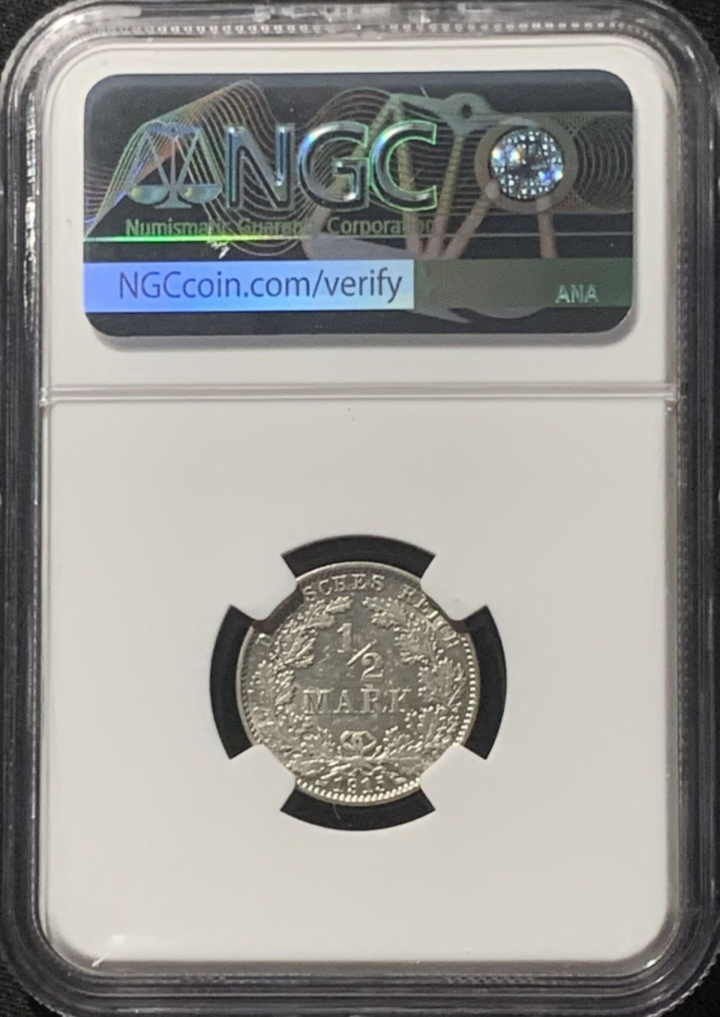 紫瑗钱币——第162期拍卖 德国 1915年 J版 第二帝国 1/2马克 银币 NGC AU58