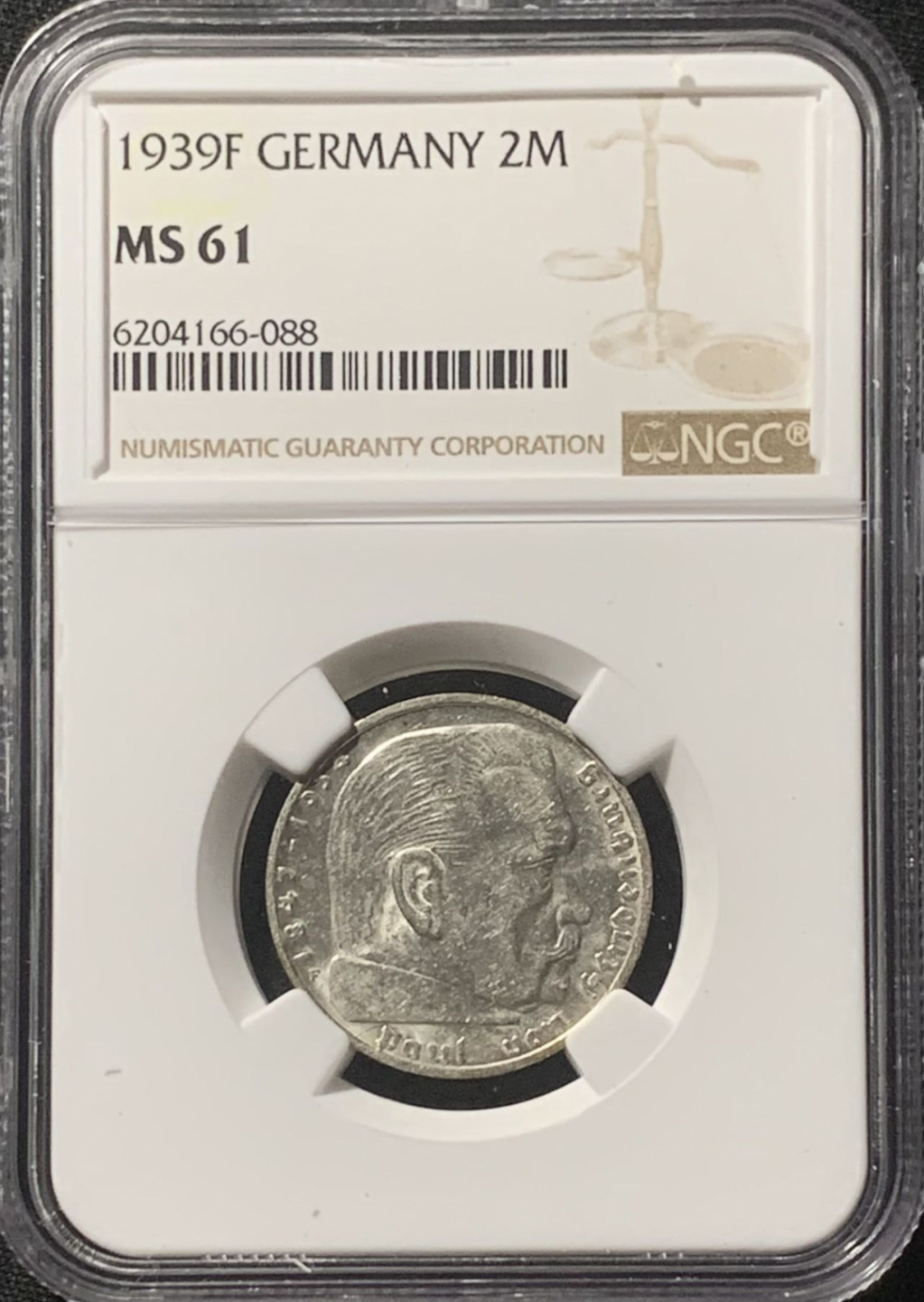 紫瑗钱币——第162期拍卖 德国 1939年 F版 兴登堡 字符版 2马克 银币 NGC MS61