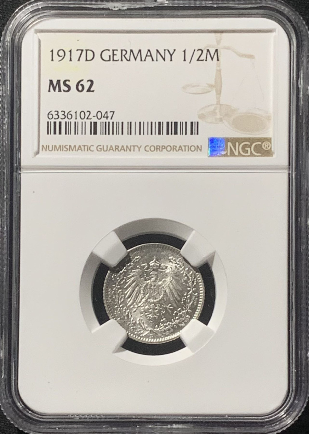 紫瑗钱币——第162期拍卖 德国 1917年 D版 第二帝国 1/2马克 银币 NGC MS62