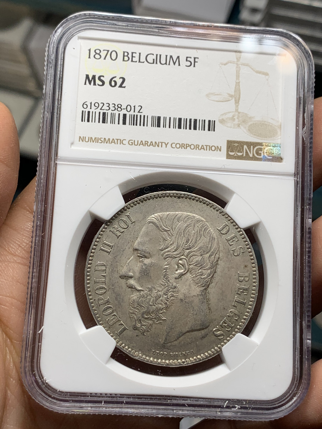 《竞宝斋》钱币微拍-第24场-本周日，周一2场连拍（全场顺丰包邮） NGC-MS62 比利时 1870年 利奥波德二世 5法郎 大银币 原光好品 这样的分数也难找了