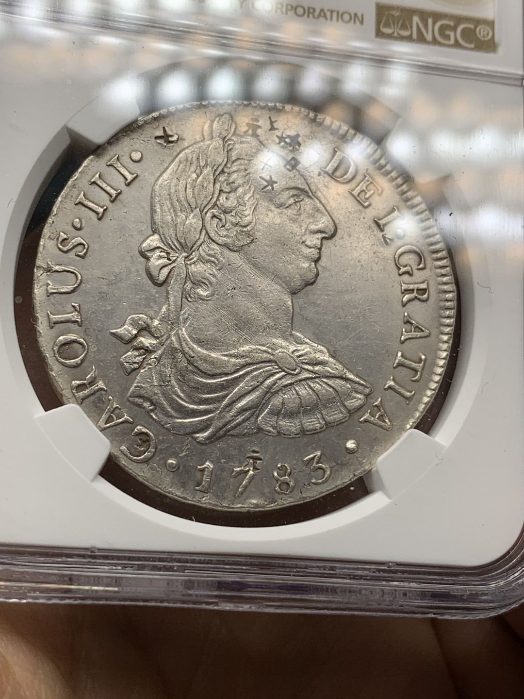 《竞宝斋》钱币微拍-第24场-本周日，周一2场连拍（全场顺丰包邮） NGC AU评级 1783年 秘鲁 利马厂 卡三 8R 双柱大银币 正反深打 戳记清晰