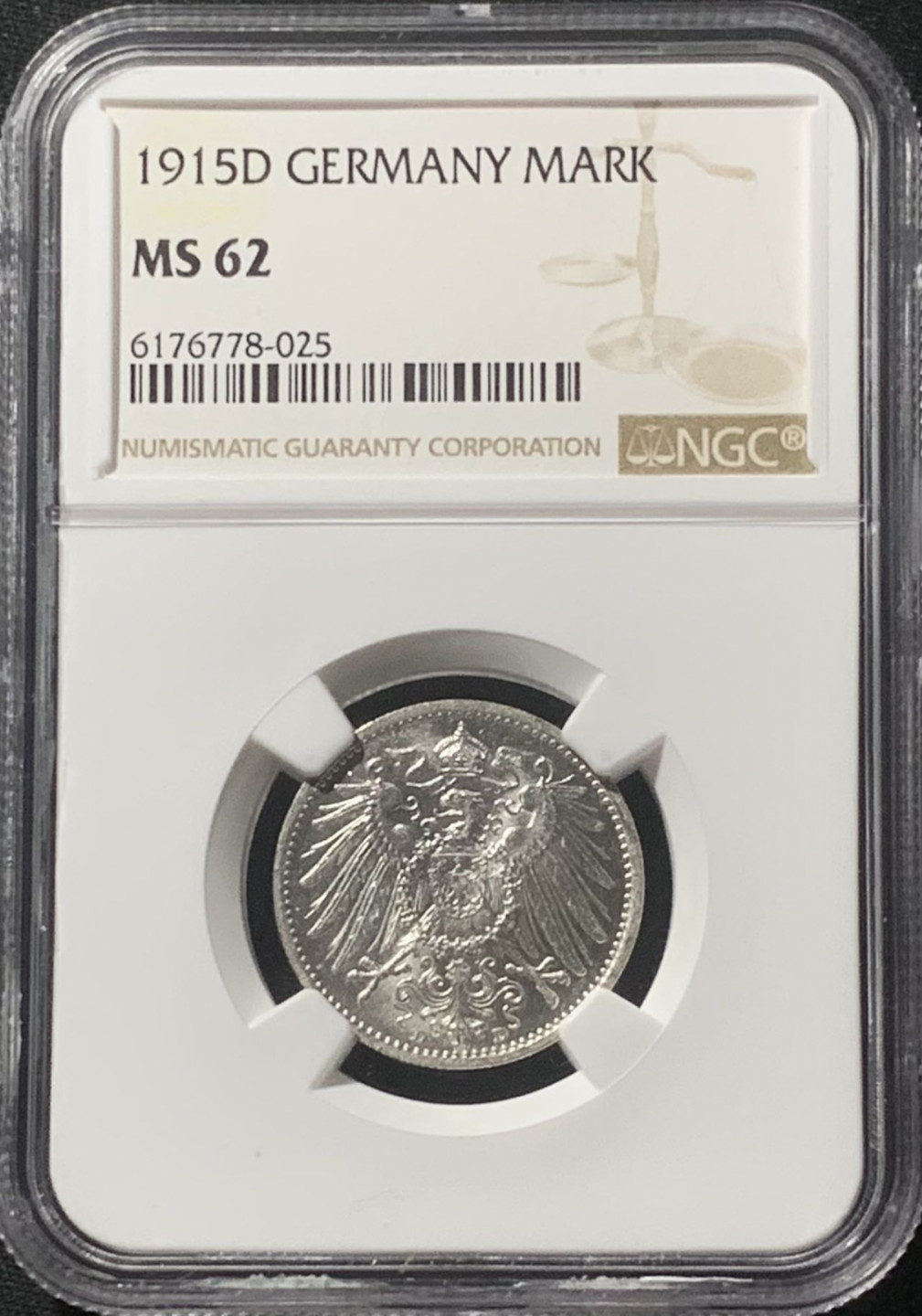 紫瑗钱币——第162期拍卖 德国 1915年 D版 第二帝国 长翅 1马克 银币 NGC MS62
