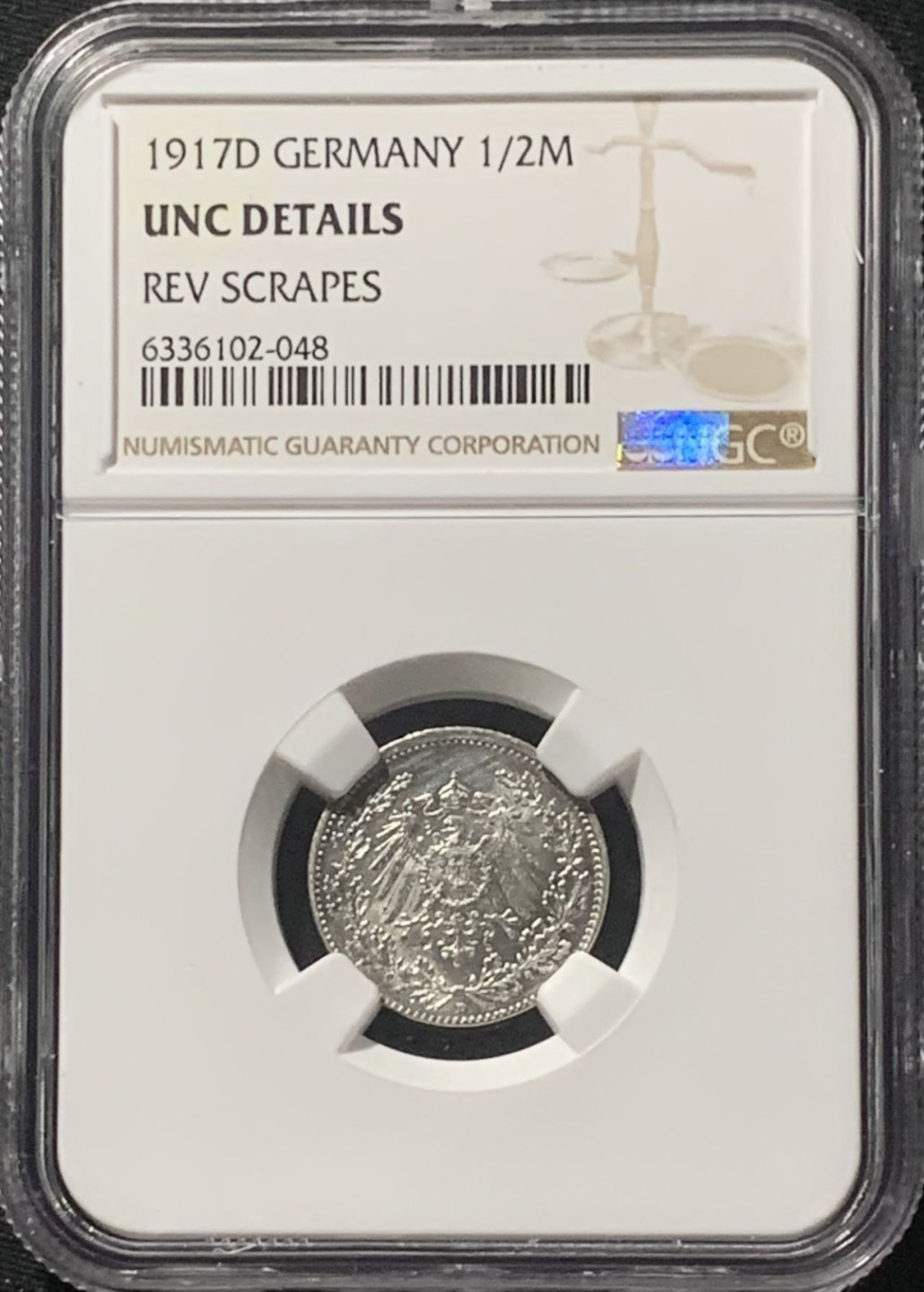 紫瑗钱币——第162期拍卖 德国 1917年 D版 第二帝国 1/2马克 银币 NGC UNC Detail